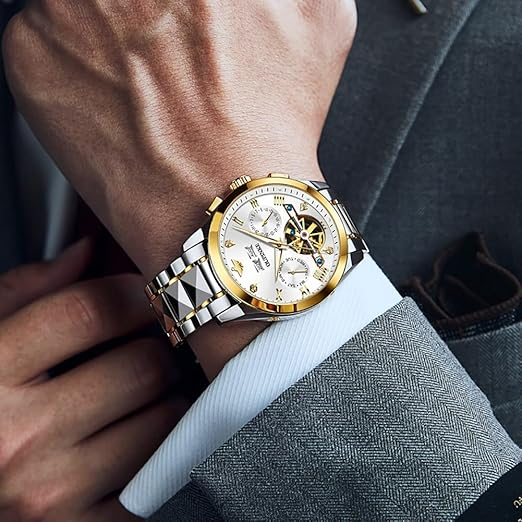 OUPINKE Mens Watches Skeleton Automatic Mechanical Premium with Calendar Sapphire Crystal Tungsten Steel Waterproof Wrist Watch