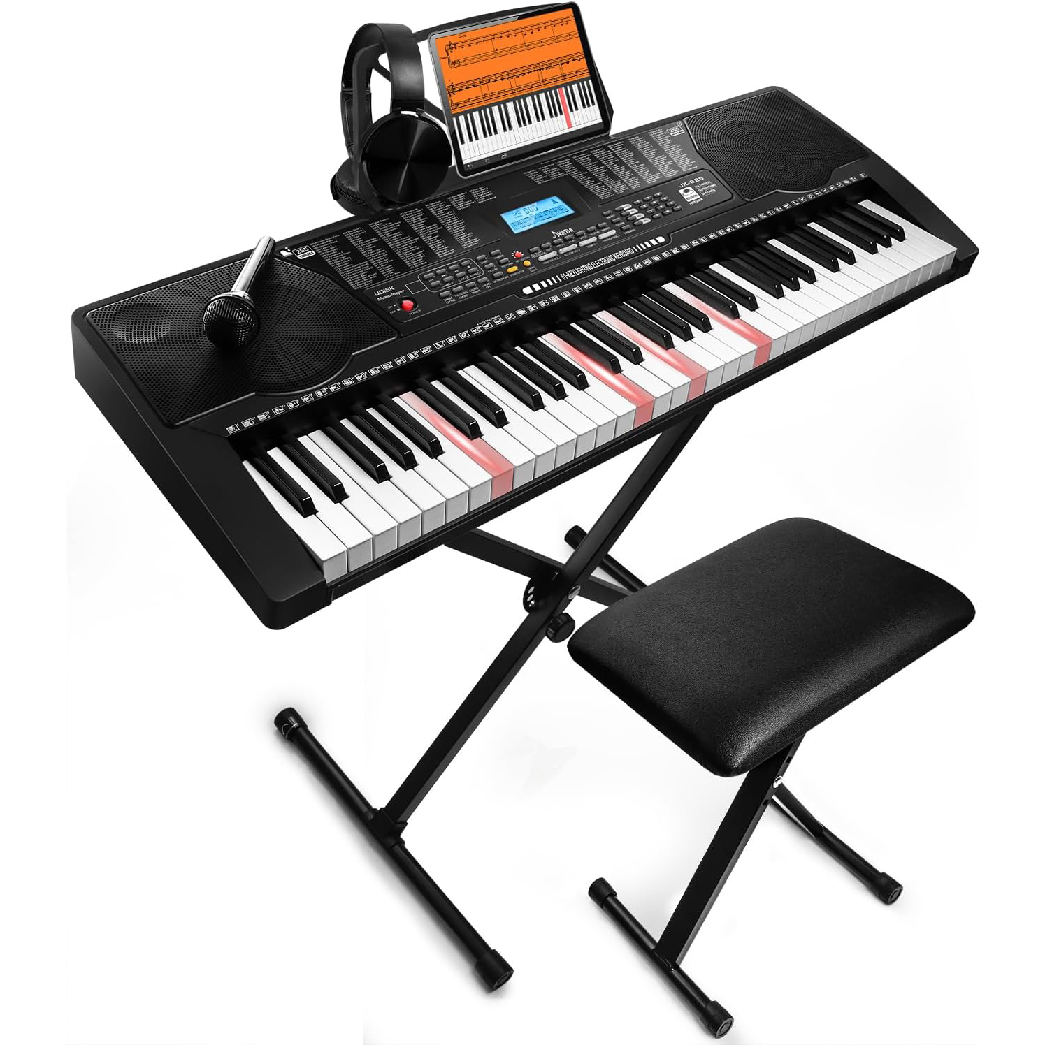 61 Key Portable Electronic Keyboard Piano w/Lighted Full Size Keys, LCD, Headphones, X-Stand, Stool, Music Rest, Microphone, Note Stickers, Built-In Speakers,3 Teaching Modes