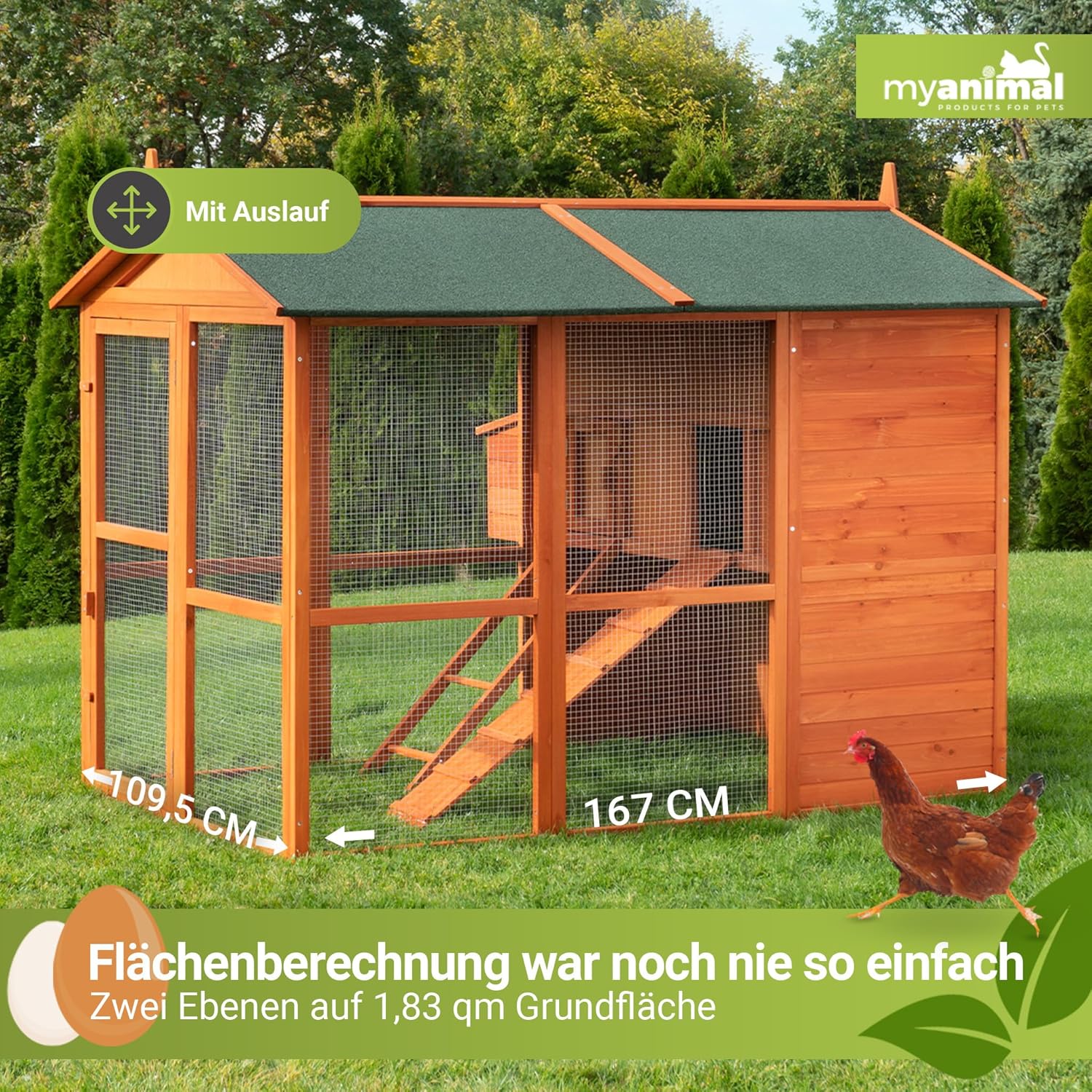 Miweba MyAnimal Hühnerstall MH-15 XXL | 186x146x147 cm - Für 7 Hühner - Nistkasten mit Freilaufgehege - Sitzstange - Winterfest - 2 Ebenen - Hühnerhaus mit Eiablage - Kiefernholz - Voliere