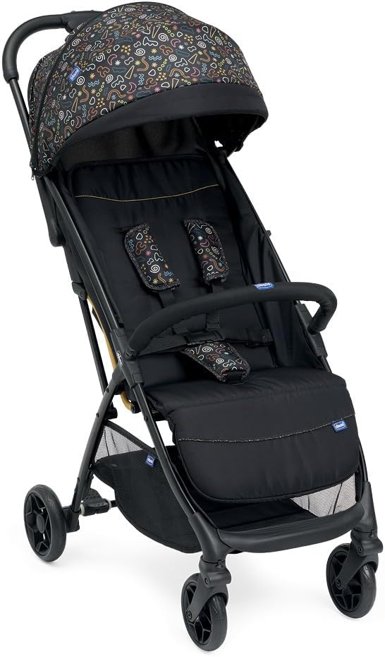 Chicco Glee Poussette légère, pratique et légère, fermeture automatique, siège large et confortable, roues de haute qualité, dossier réglable, canopy solaire, jusqu'à 22 kg, noir à motif