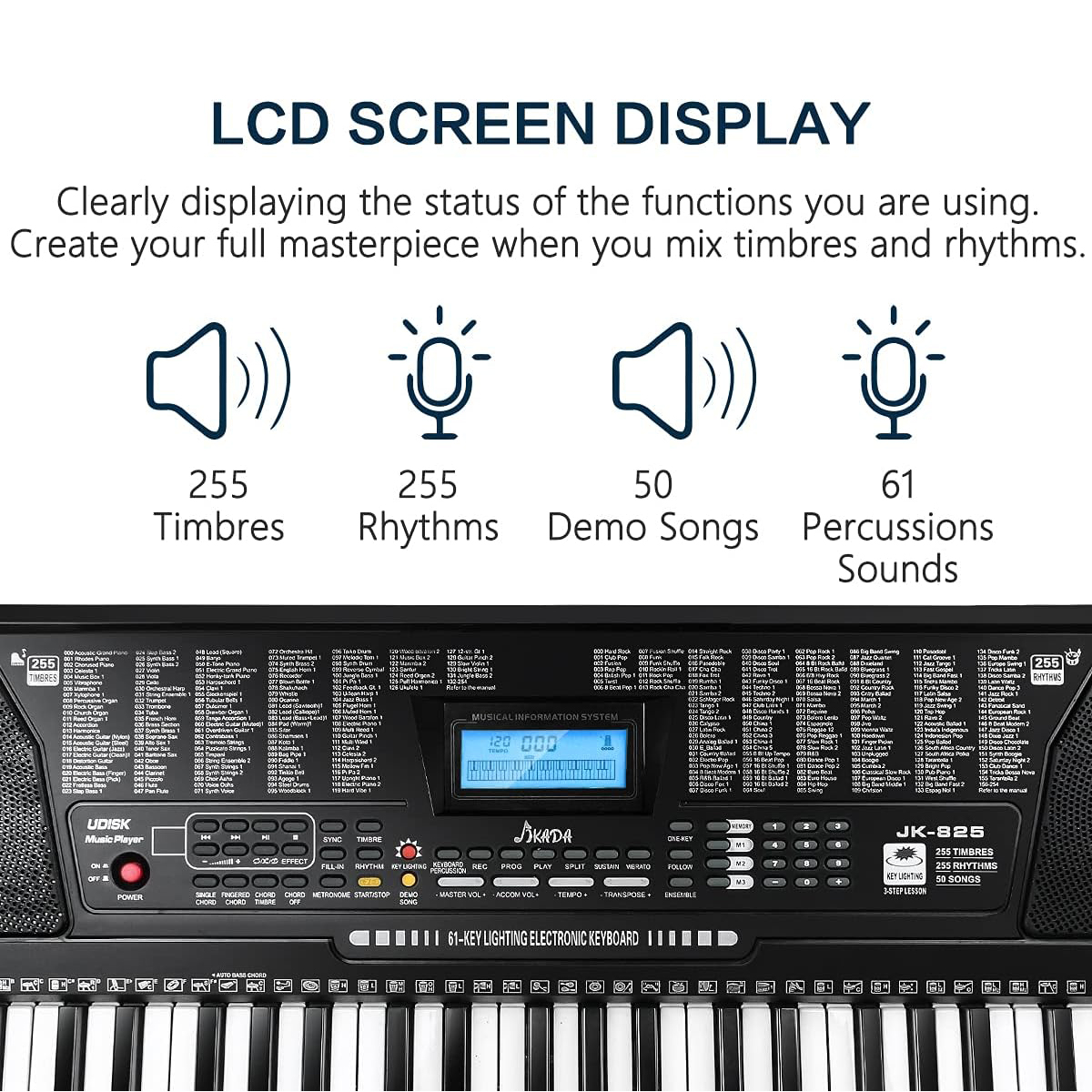 61 Key Portable Electronic Keyboard Piano w/Lighted Full Size Keys, LCD, Headphones, X-Stand, Stool, Music Rest, Microphone, Note Stickers, Built-In Speakers,3 Teaching Modes