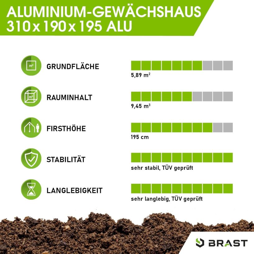 BRAST Greenhouse Aluminium with Base 310 x 190 x 195 cm TÜV Tested, 6 mm Hollow Chamber Panels, Rustproof, Weatherproof, Temperature-Resistant