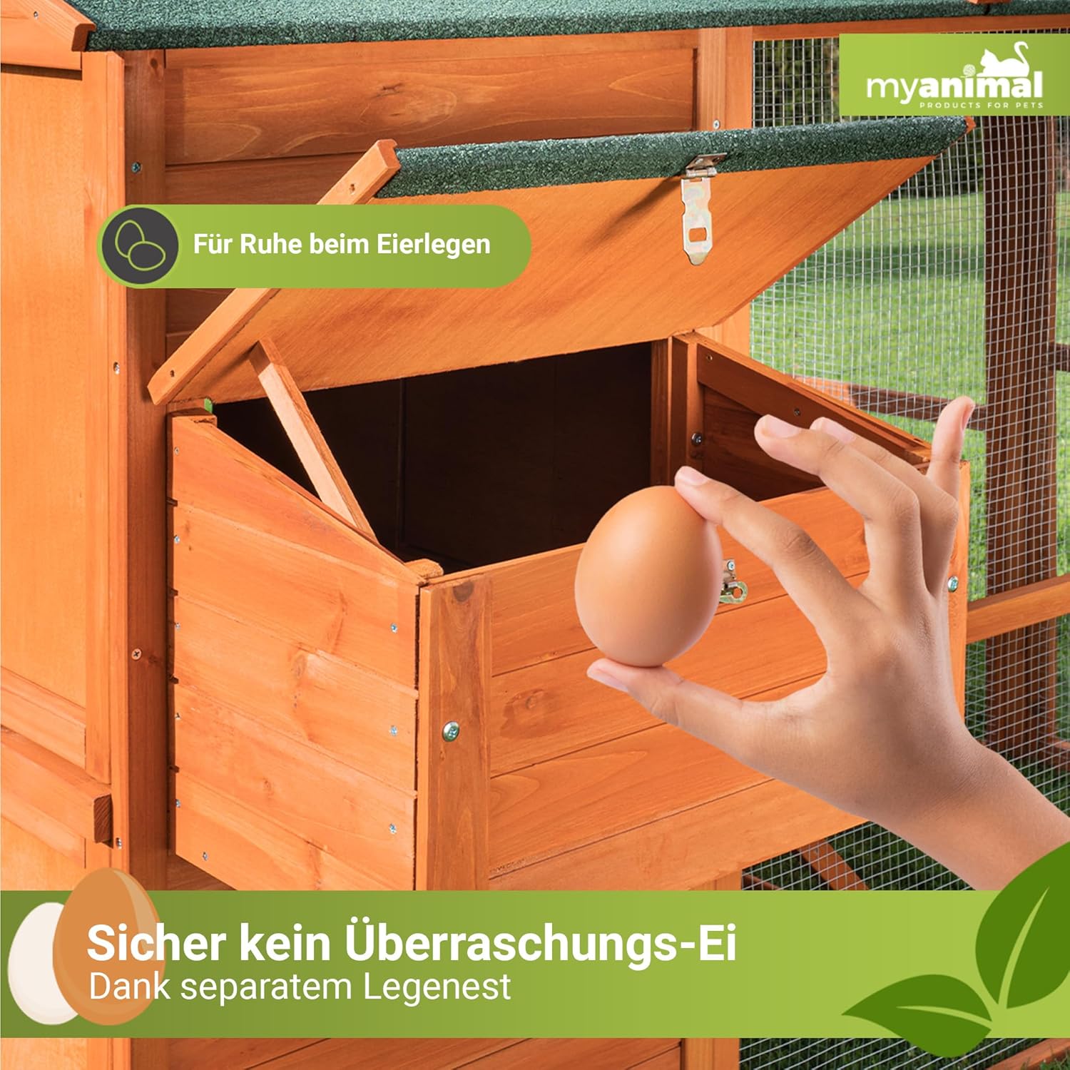 Miweba MyAnimal Hühnerstall MH-15 XXL | 186x146x147 cm - Für 7 Hühner - Nistkasten mit Freilaufgehege - Sitzstange - Winterfest - 2 Ebenen - Hühnerhaus mit Eiablage - Kiefernholz - Voliere