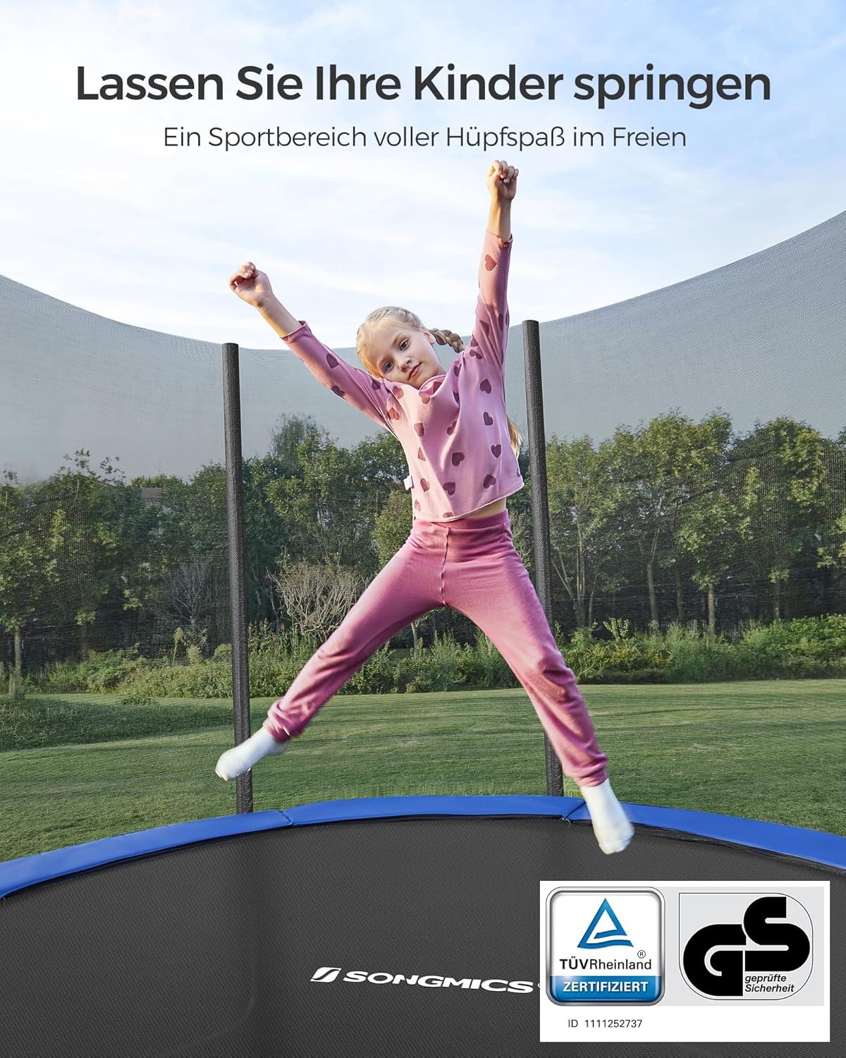 SONGMICS Trampolin Outdoor Ø 427 cm, rundes Gartentrampolin mit Randabdeckung, mit Sicherheitsnetz, mit Leiter und gepolsterten Stangen