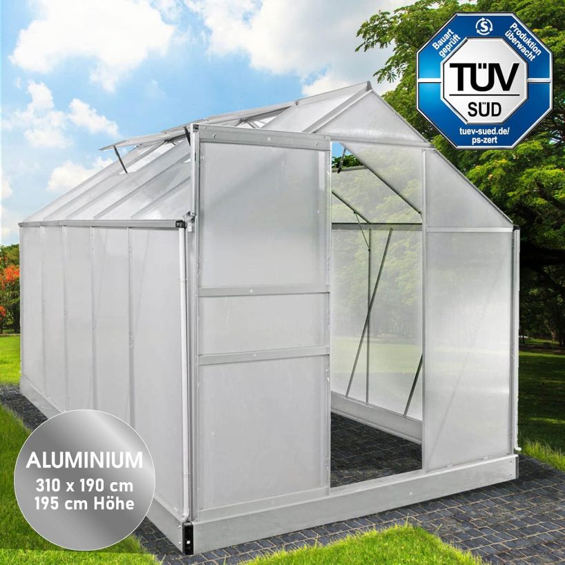BRAST Greenhouse Aluminium with Base 310 x 190 x 195 cm TÜV Tested, 6 mm Hollow Chamber Panels, Rustproof, Weatherproof, Temperature-Resistant