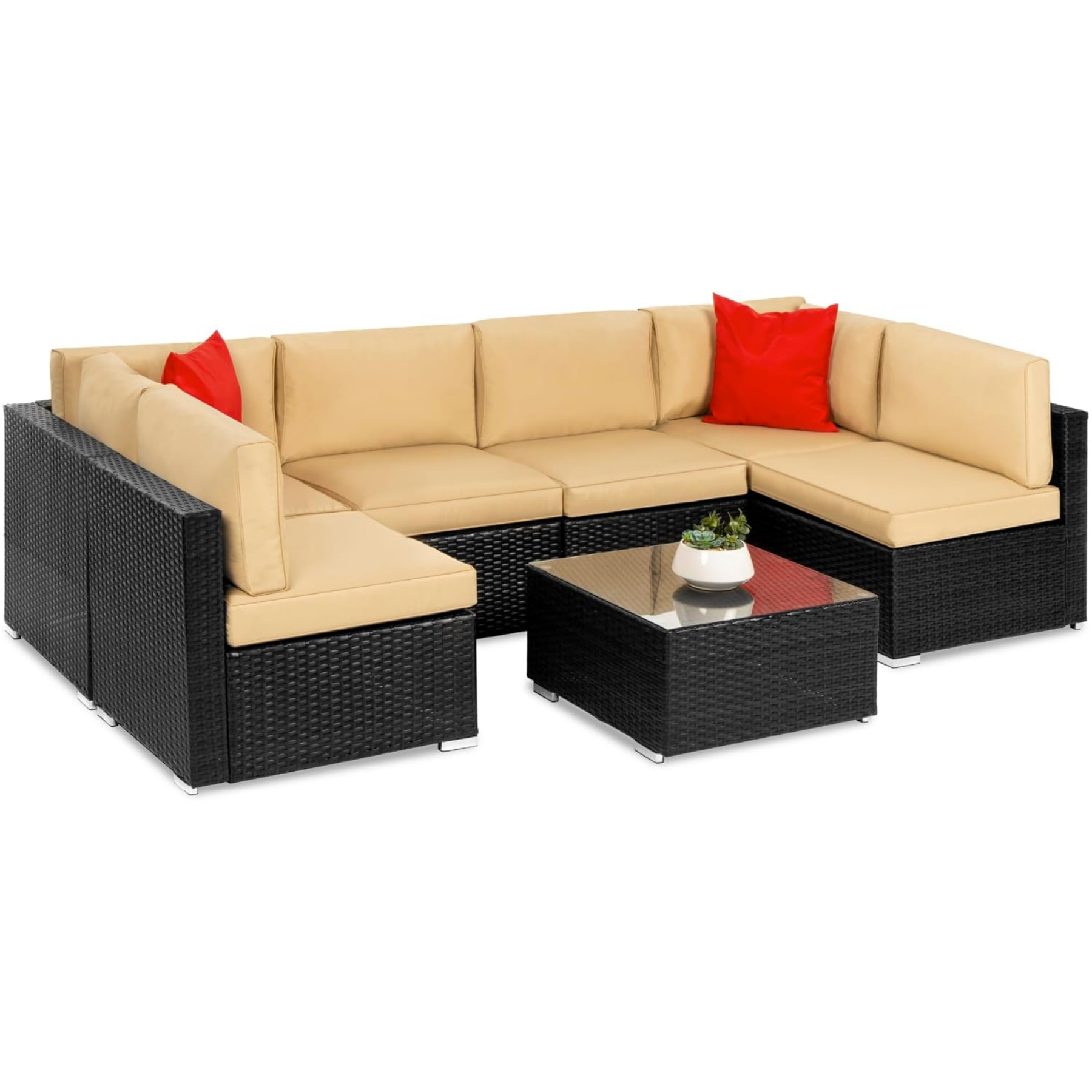 7-Piece Modular Outdoor Sectional Wicker Patio Conversation Set w/ 2 Pillows, Coffee Table
