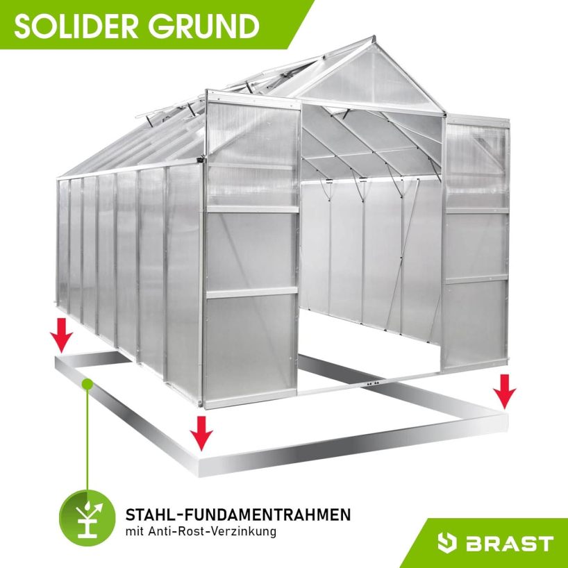 BRAST Aluminium Greenhouse with Base 490 x 250 x 235 cm, TÜV Tested, 6 mm Hollow Chamber Panels, Rustproof/Weatherproof/Temperature-Resistant