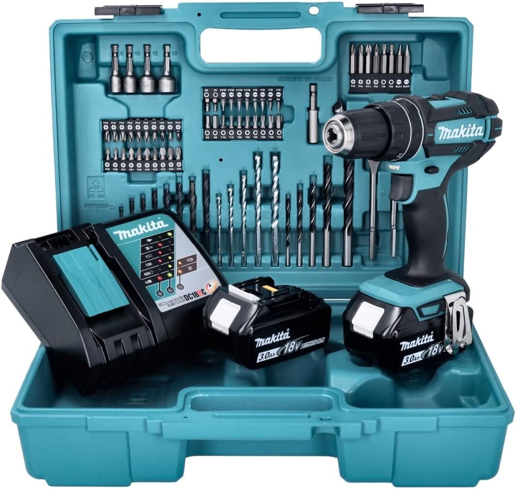 Makita DHP 482 RTX1W Akku Schlagbohrschrauber 18 V 62 Nm + 2x Akku 5,0 Ah + Ladegerät + 74 tlg. Zubehörset + Koffer