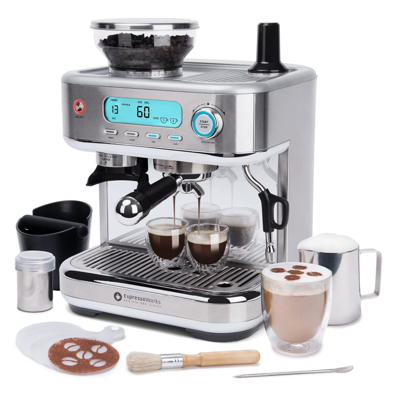 EspressoWorks Barista Pro Series Espresso Machine with Grinder, LCD Display and Steamer - Ready To Go In 60 Sec - 15-Bar Latte and Cappuccino Machine 30-Piece Bundle - Coffee Gifts