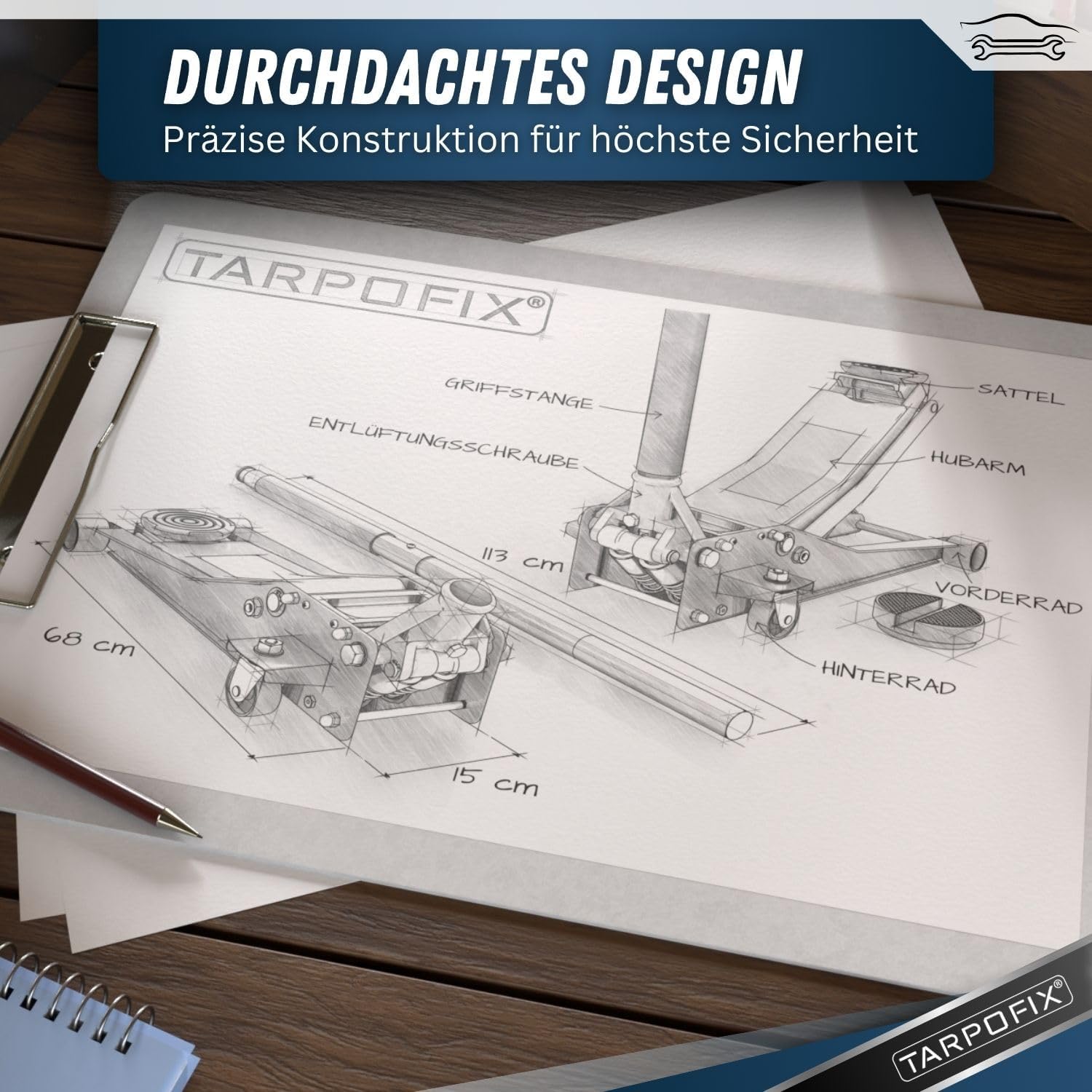 Tarpofix® 3t Flat Hydraulic Jack | Double Cylinder | Fits SUVs & Lowered Cars, 75-505mm Lift