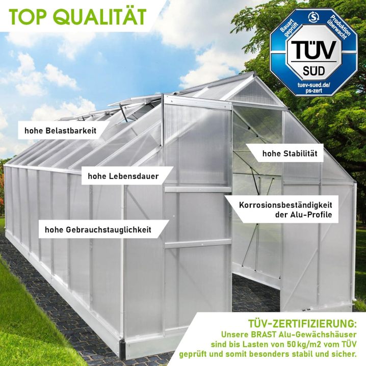 BRAST Aluminium Greenhouse with Base 490 x 250 x 205 cm, TÜV Tested, 6 mm Hollow Chamber Panels, Rustproof/Weatherproof/Temperature-Resistant
