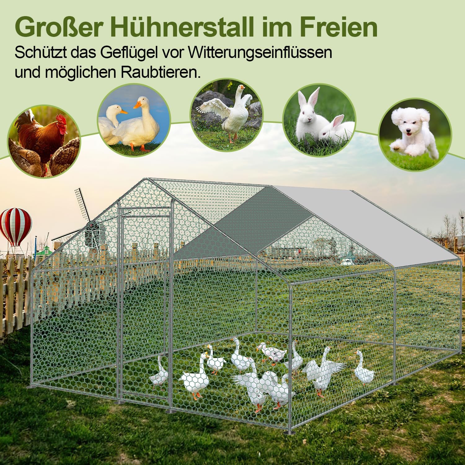Sonnewelt Freilaufgehege 3x3x2m Hühnerstall Verzinkter Stahl Kleintierstall Hühnerhaus Dach Geflügelstall mit Sonnenschutzdach und Tür für Haustierkäfig Hühnerkäfig Vogelkäfig Kleintiere Pflanzen