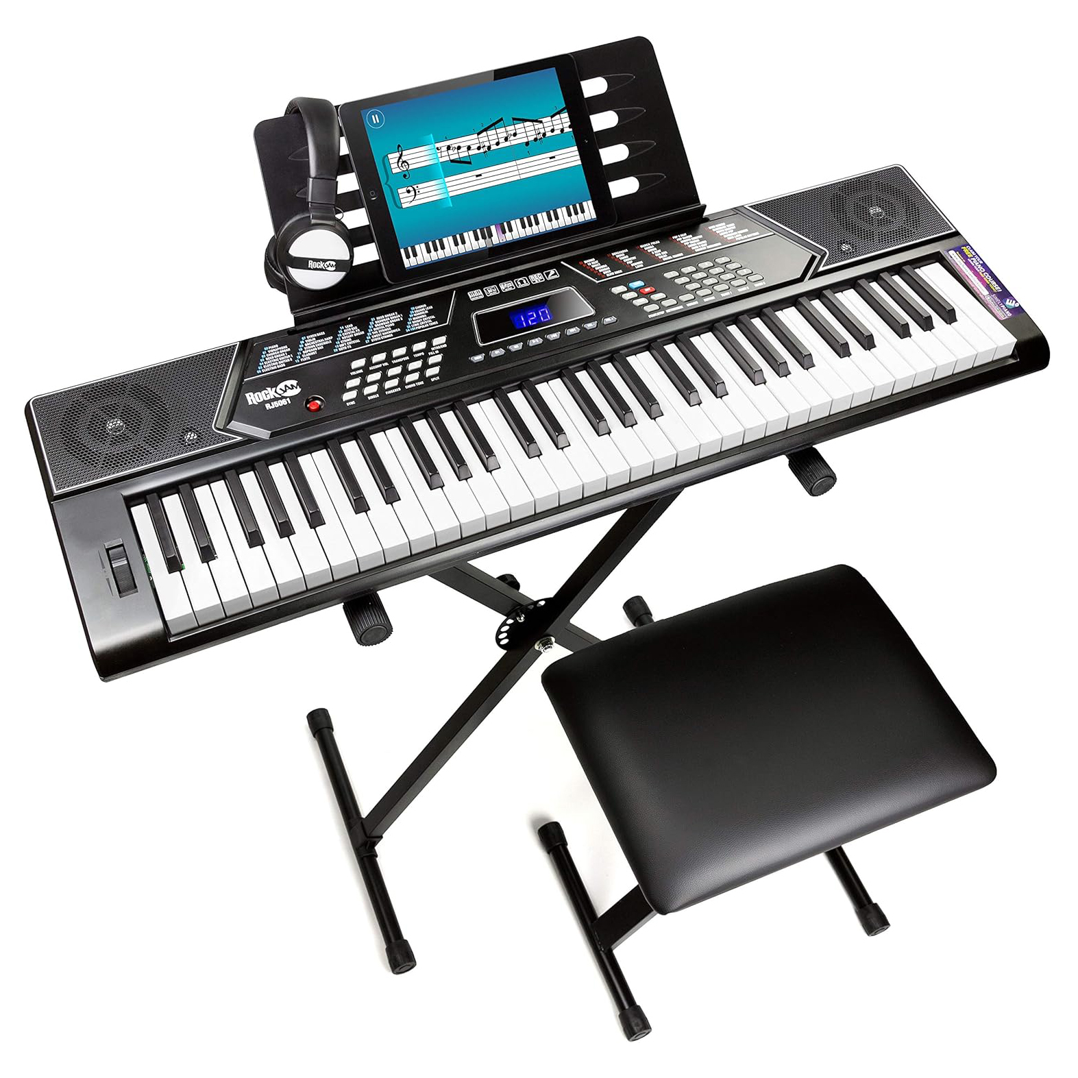RockJam 61 Key Keyboard Piano Stand With Pitch Bend Kit, Piano Bench, Headphones, Simply Piano App & Keynote Stickers