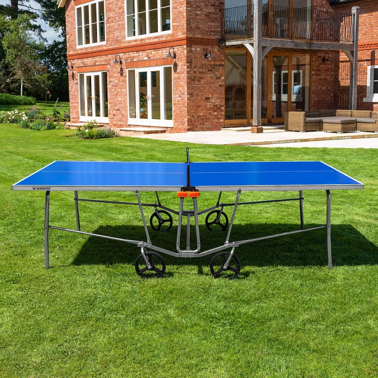 VERMONT TS100 Outdoor Table Tennis Table | Portable Regulation-Size Ping Pong Table with Steel Frame & 360° Wheels - Optional Bat & Ball Sets for All Skill Levels