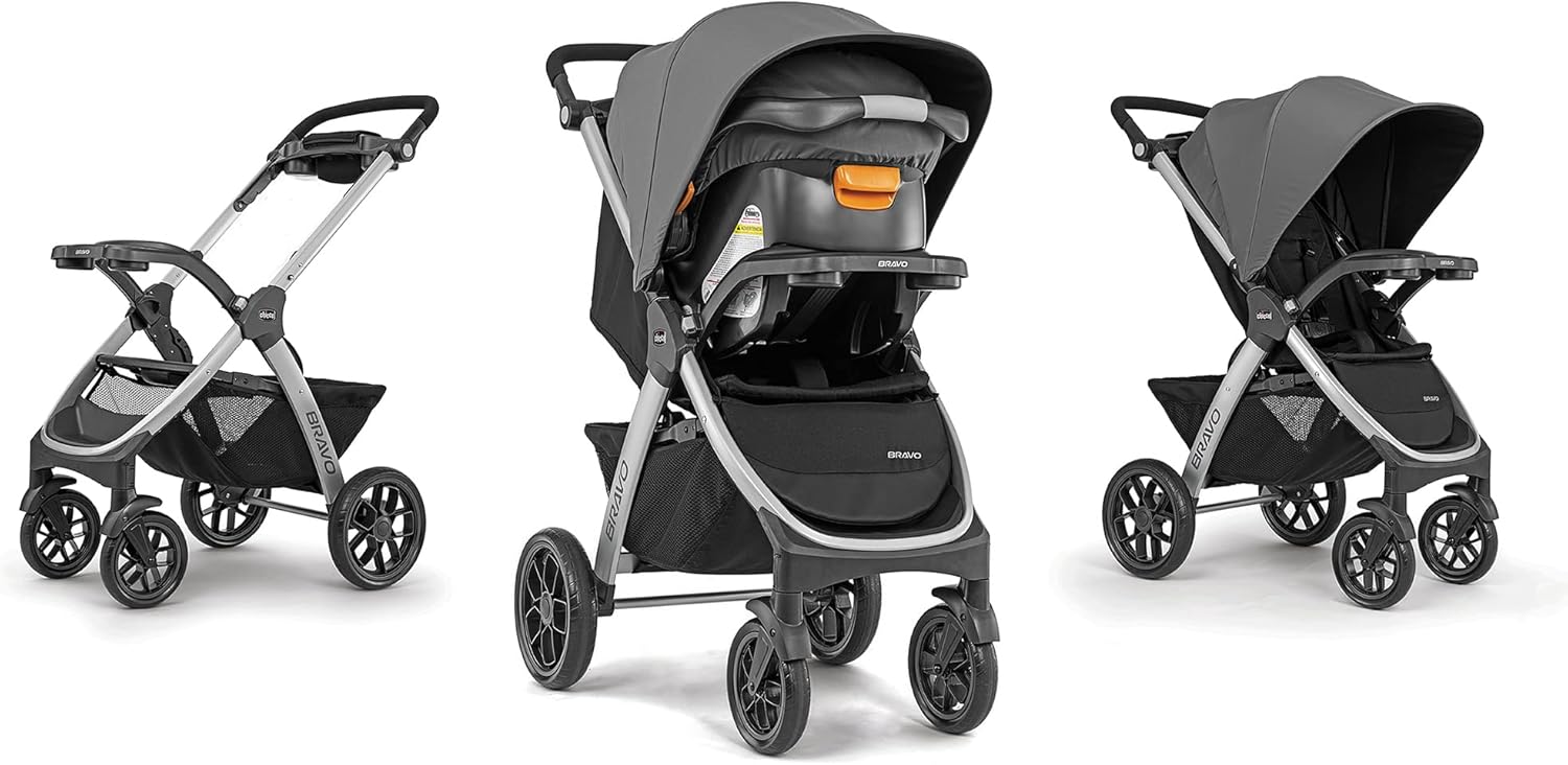Chicco Bravo 3-in-1 Trio Travel System, Bravo Quick-Fold Stroller with KeyFit 30 Infant Car Seat and Base, Car Seat and Stroller Combo, Camden/Black & Grey