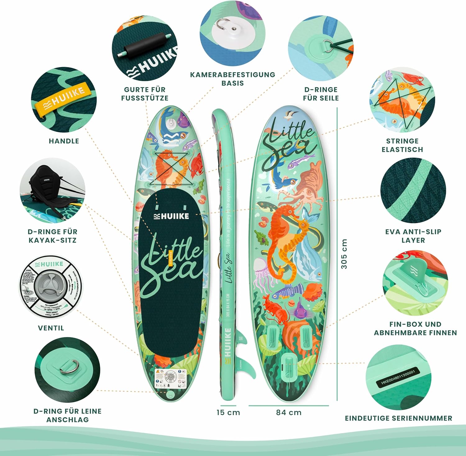 HUIIKE Stand Up Paddling Board mit Zubehör, Paddel, Finnen, Pumpe. Paddle Sup Board Aufblasbar Hohe Stabilität und Widerstandsfähigkeit. 305 × 84 × 15 cm, Belastbar bis 130 kg