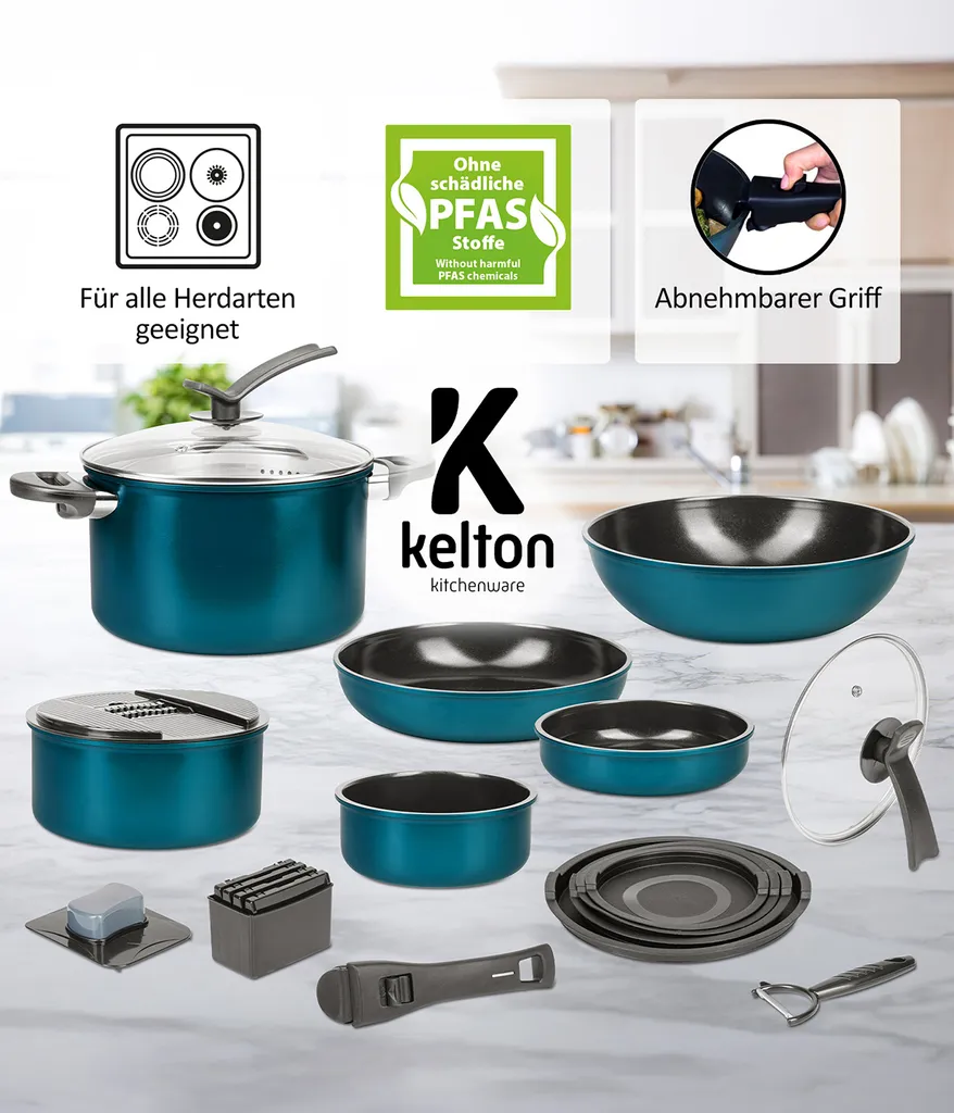 Kelton Pfannenset Töpfe Set 3 in 1 mit Deckel und Gemüseschneider 27 tlg., Kochgeschirr mit Pfannen und Kochtöpfen mit Antihaft Beschschichtung