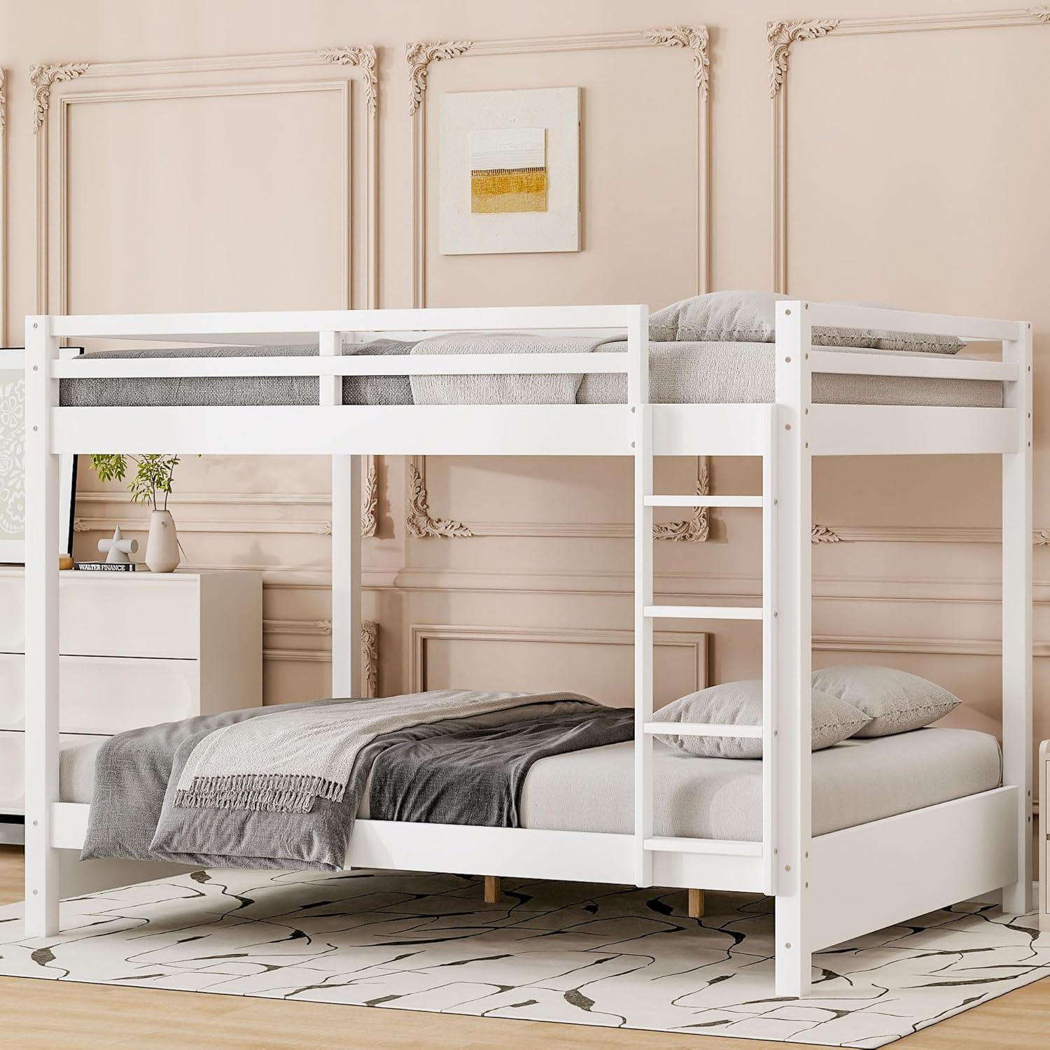Full Over Full Bunk Bed with Ladders Wood Bunk Beds with Full-Length Guardrails Floor Bunk Bed Frame for Kids, Boys, Girls, No Spring Box Needed,