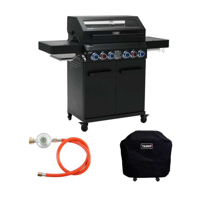 TAINO Platinum Yamaha Dark 4+2 Gas Barbecue Set Steel 4 Burners Ceramic Sear Burner Ceramic Back Burner Piezo Ignition Cover
