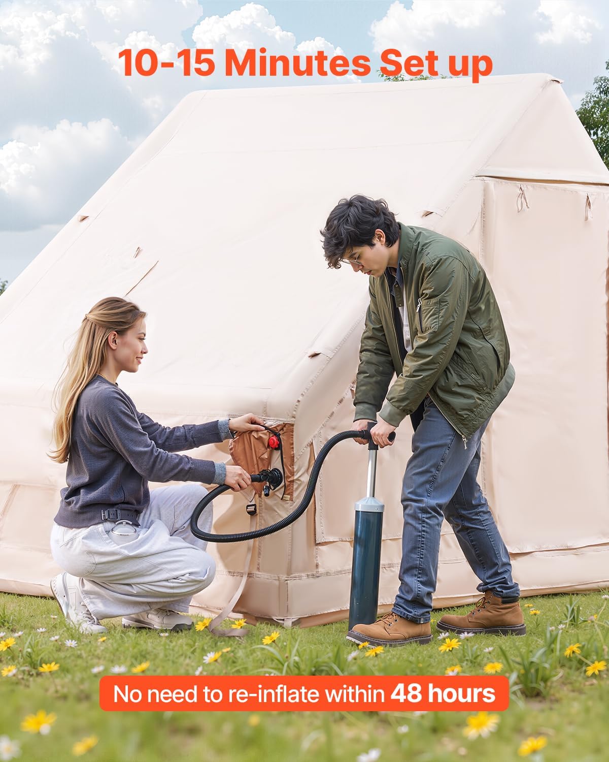 VEVOR Inflatable Tents for Camping, Easy to Assemble, Inflatable Camping Tents with Hand Pump, 300D Oxford 4 Season Glamping Tent with Stove Jack