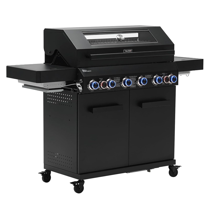 Taino Platinum Yamara Dark 6+2 Steel Gas Grill, 6 Burners, Ceramic Sear Burner, Ceramic Back Burner, Piezo Ignition, Cast Iron Cooking Grid