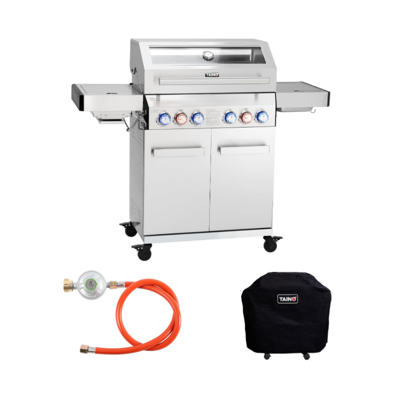 TAINO Platinum Yamara 4+2 Gas Barbecue Set Stainless Steel 4 Burners Ceramic Sear Burner Ceramic Back Burner Piezo Ignition Cover