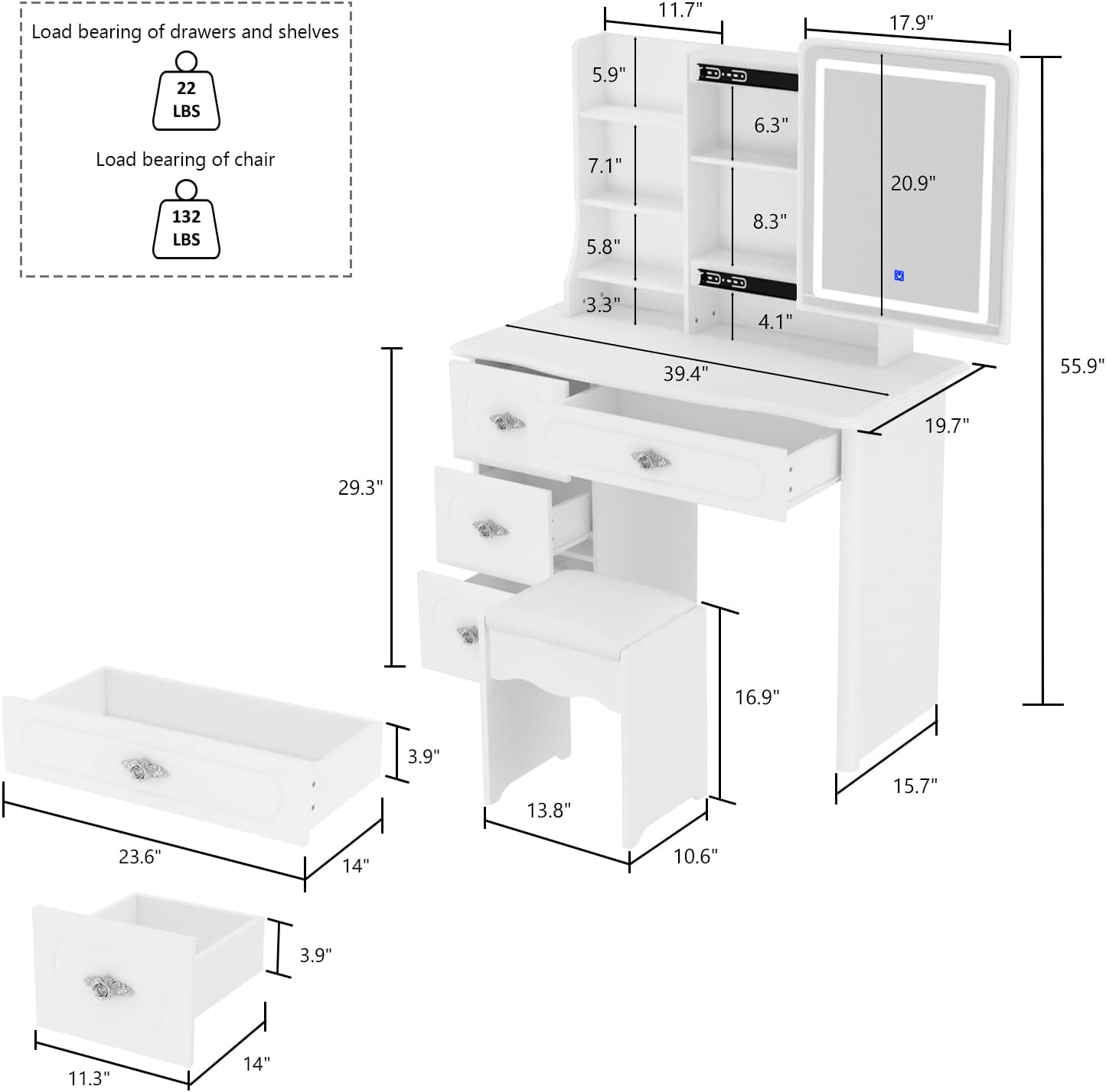Large Vanity Table Set Makeup Vanity Dressing Table with Mirror, 4 Drawers & Shelves, Dresser Desk and Cushioned Stool Set