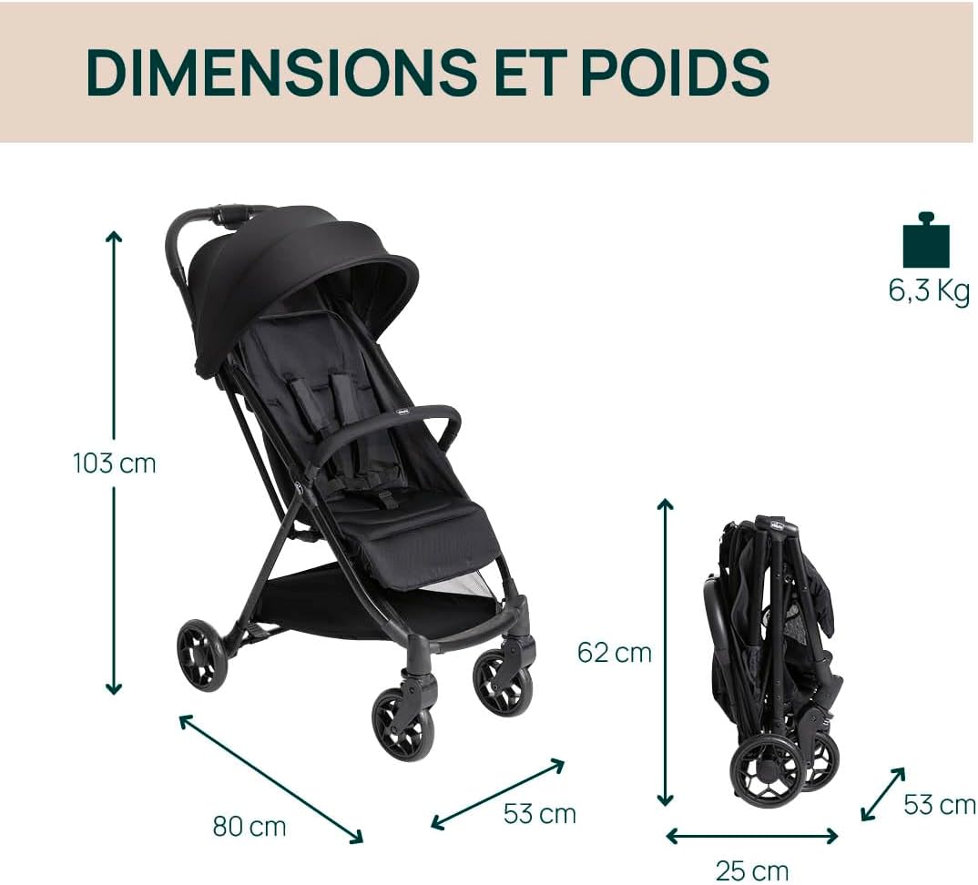 Chicco Poussette Urbino, 0 plus Mois - 22 Kg, Poussette Bebé Légere et Compacte, Confortable, Pliage d'une seule main, Capote Extensible avec Protection Contre la Pluie UV50 Plus, Repose-Jambes, Noir