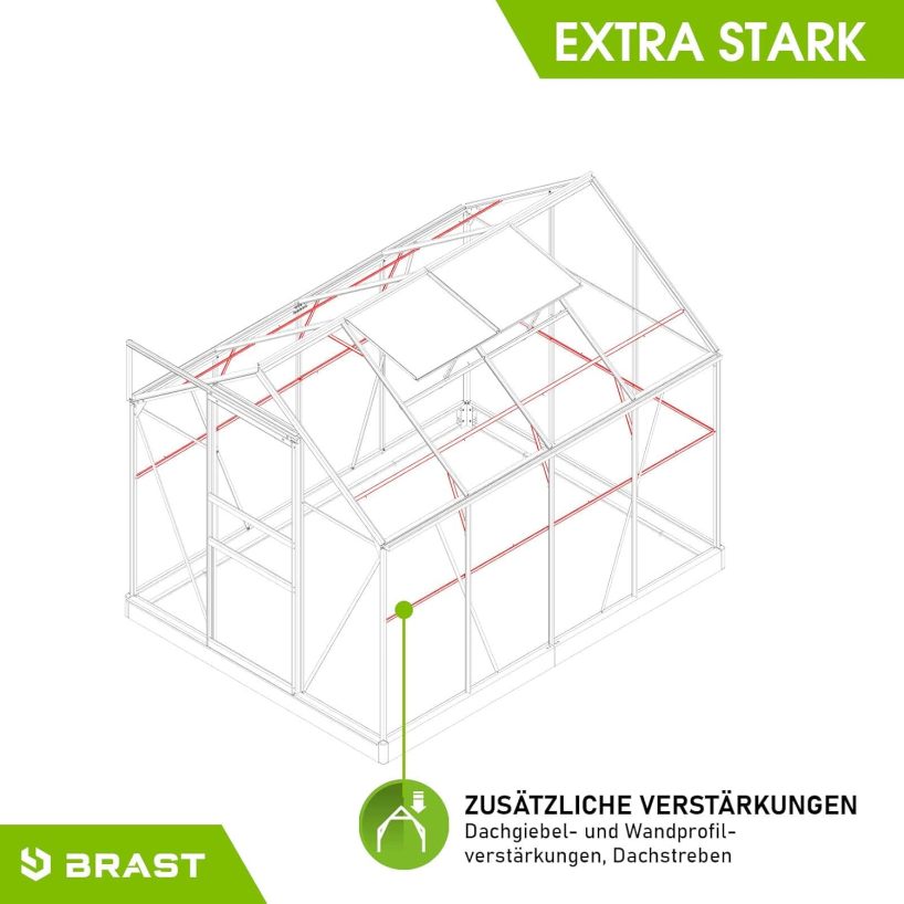 BRAST Aluminium Greenhouse with Base, 250 x 190 x 195 cm, TÜV Tested, 6 mm Hollow Chamber Panels Rustproof, Weatherproof, Temperature-Resistant