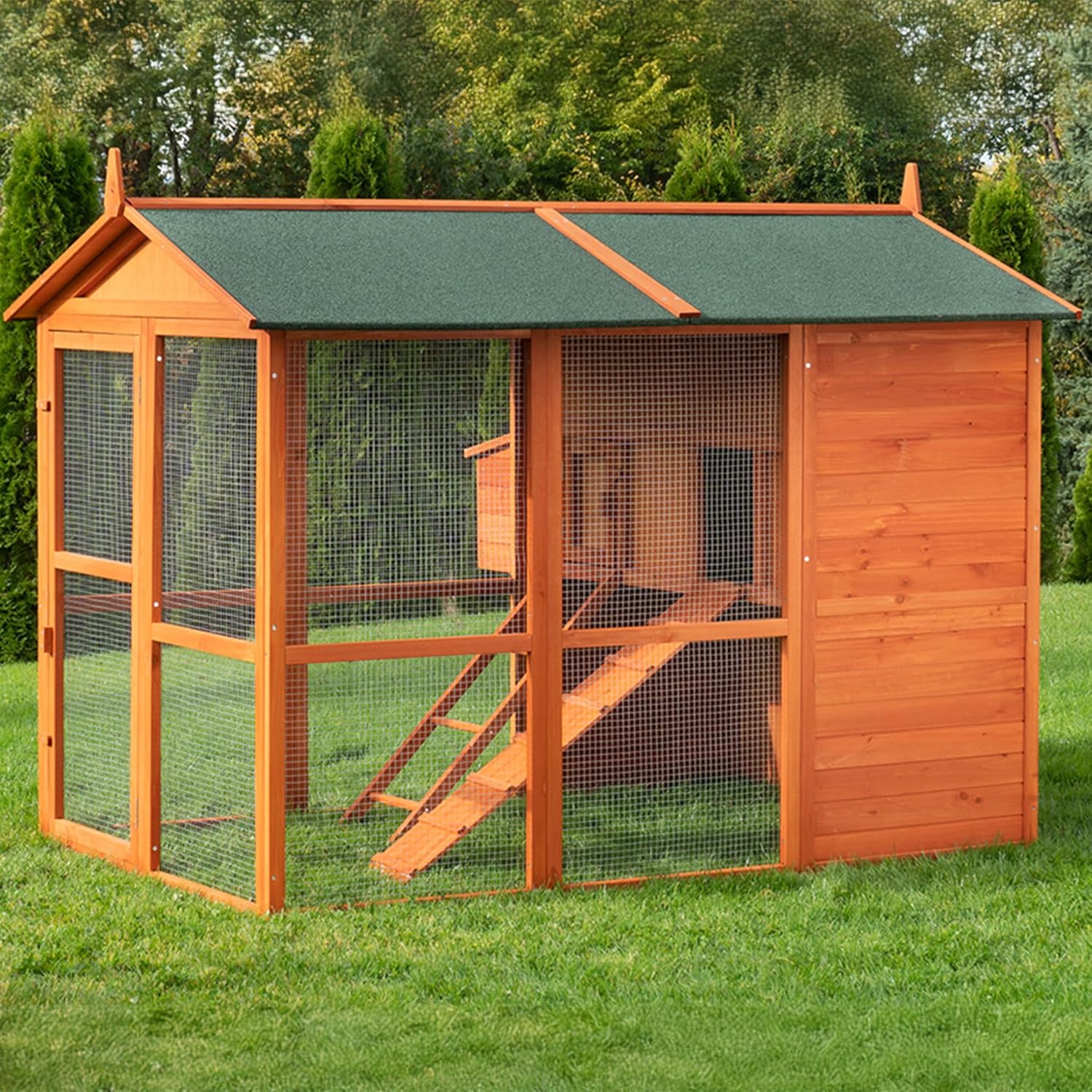 Miweba MyAnimal Hühnerstall MH-15 XXL | 186x146x147 cm - Für 7 Hühner - Nistkasten mit Freilaufgehege - Sitzstange - Winterfest - 2 Ebenen - Hühnerhaus mit Eiablage - Kiefernholz - Voliere