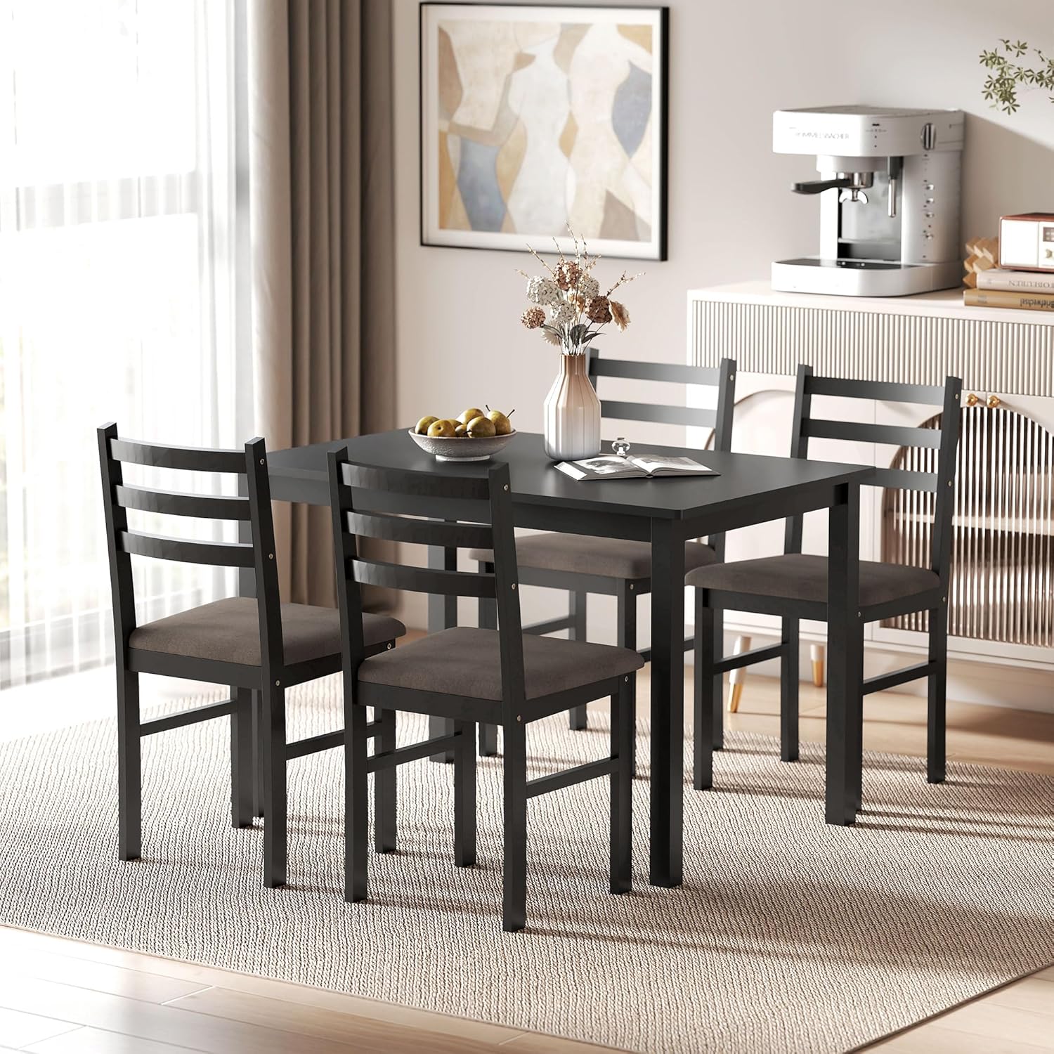 HOMCOM 5-Piece Dining Table Set for 4 with Solid Wood Frame, Farmhouse Kitchen Table Set with 4 Upholstered Padded Chairs for Small Space, Dining Room, Breakfast Nook, Black