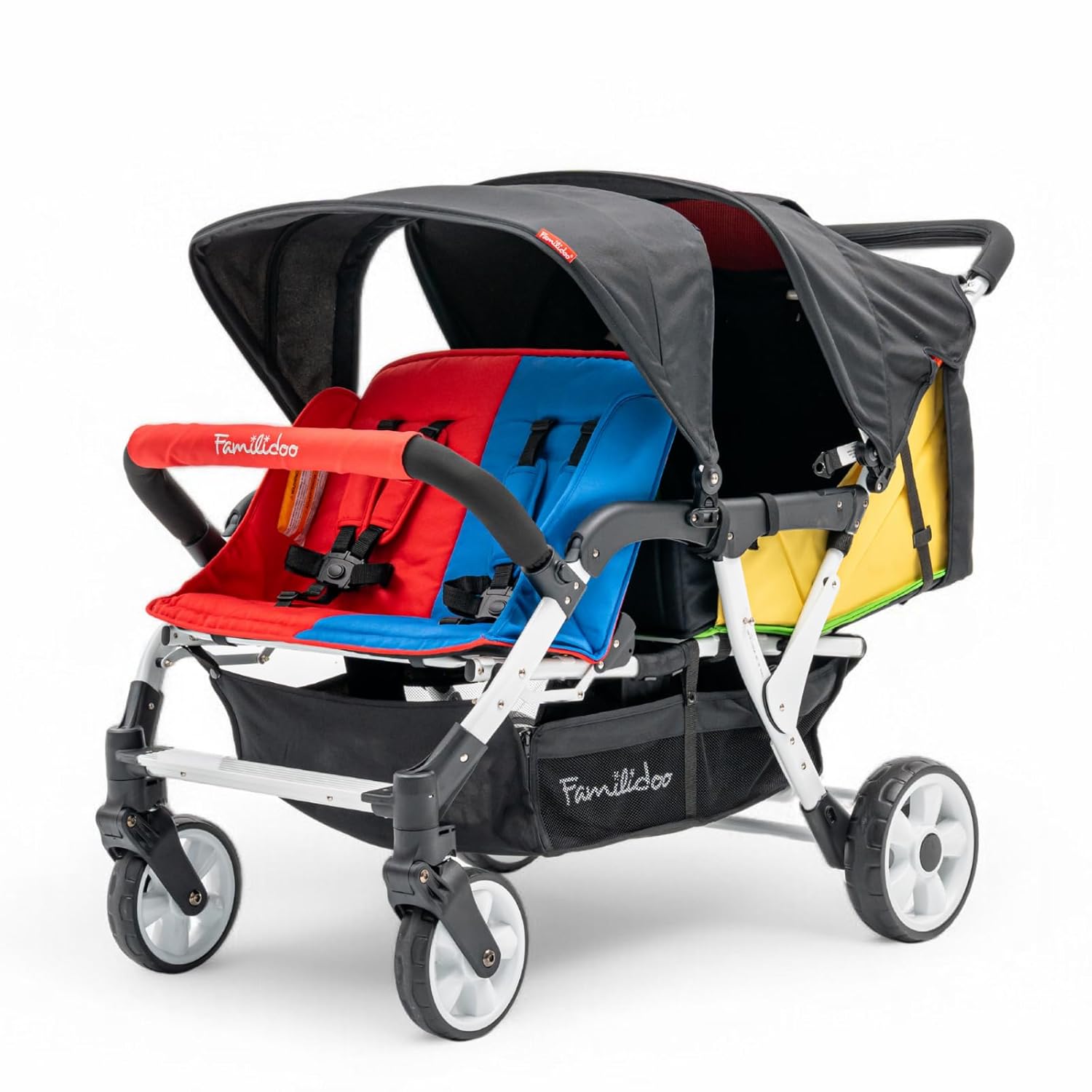 Familidoo H4E Quad Stroller with Double Canopy Rain Cover, 4 Seat Baby Stroller with All Reclining Seats - 4 Seater with 5-Point Harness - Backseat footrest...