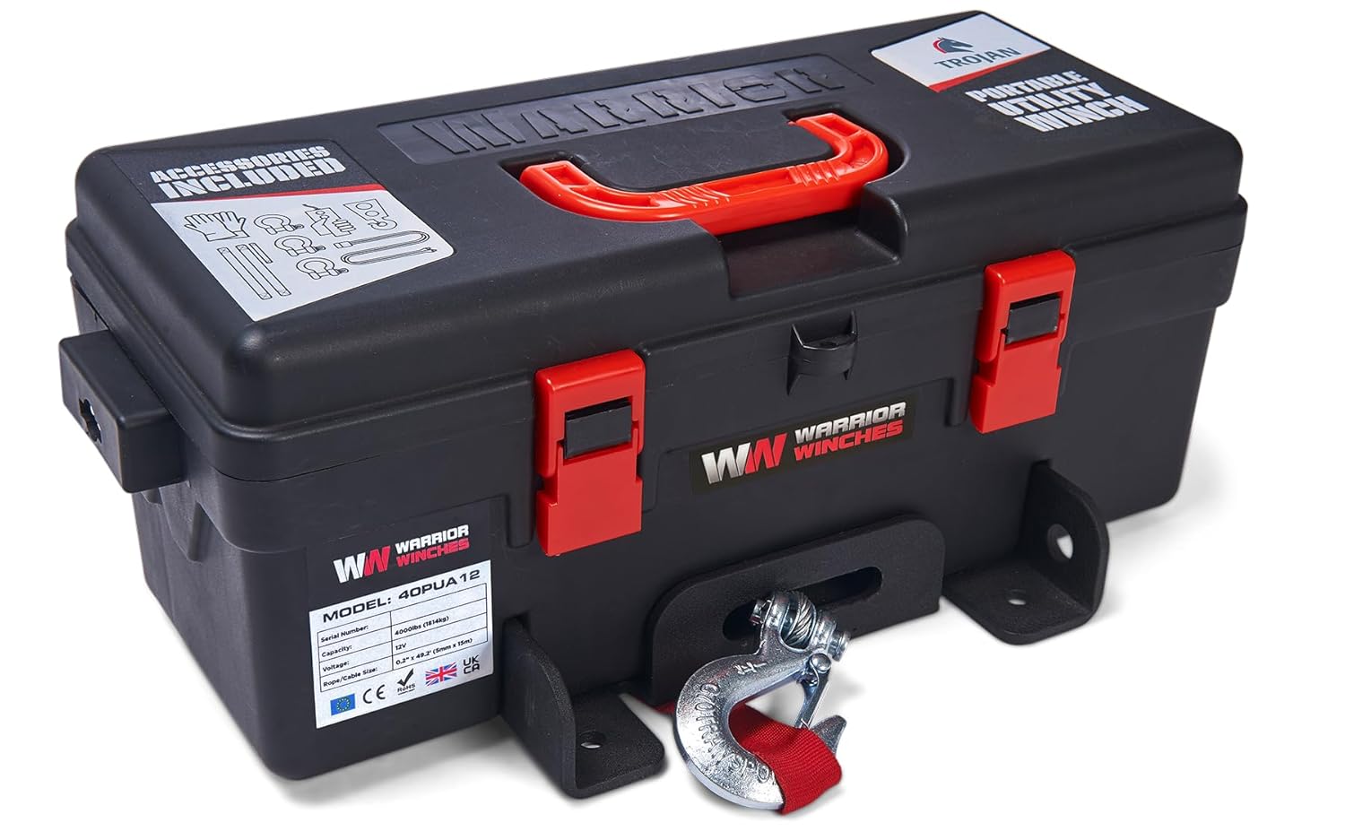 Trojan Portable 12v Electric Winch 4,000lbs - ATV/UTV Winch with Synthetic Rope, Easy to Carry, No Installation – Ideal for Truck, Off-Roading, Utility Tasks, Trailer Winch