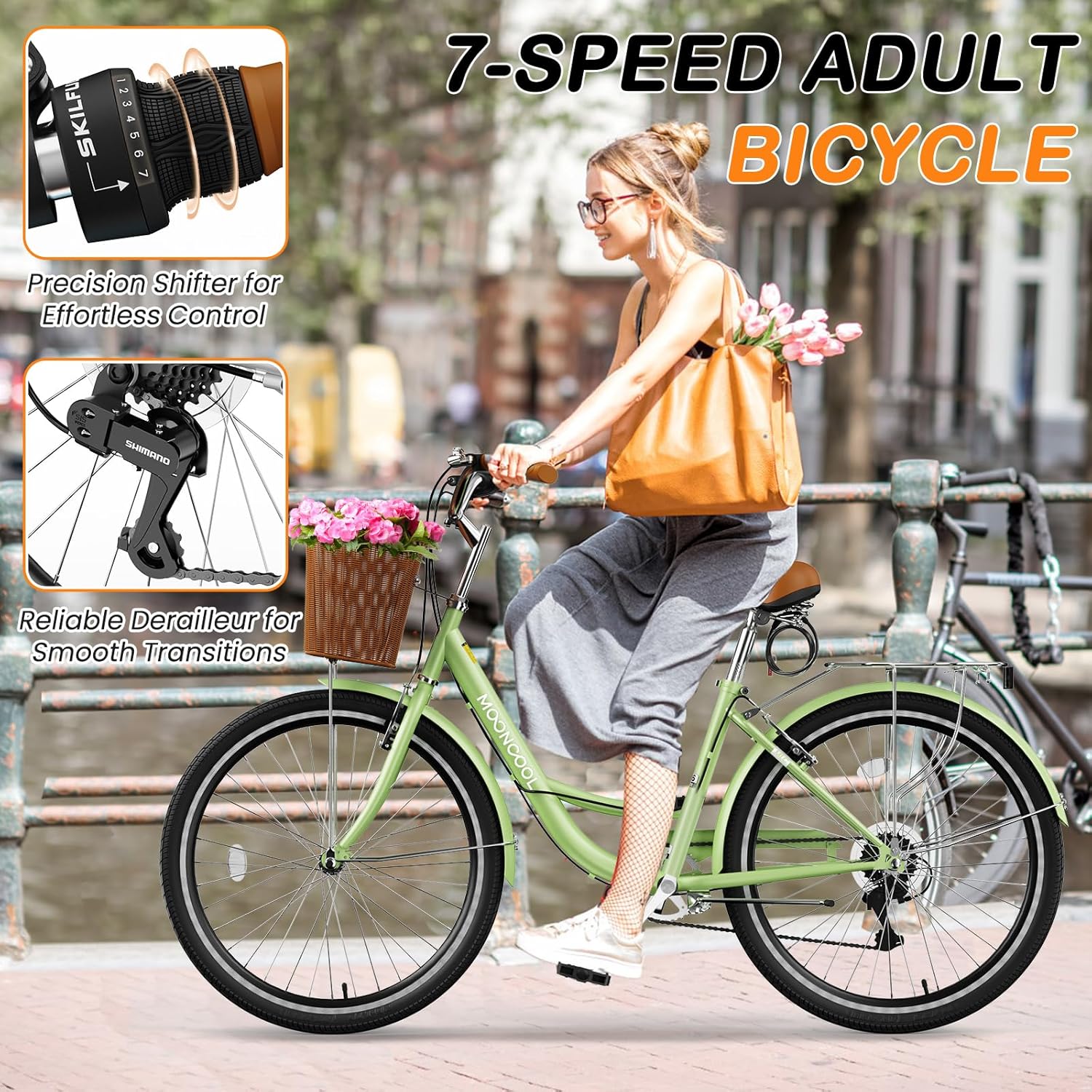 MOPHOTO Womens Bike – 7 Speed Step Through City Bicycle
