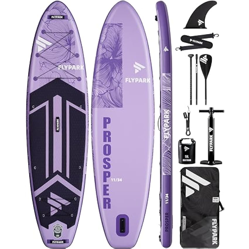 Flypark 11'x34'' Inflatable Paddle Boards, Extra Wide SUP for 420lbs/3Adults, Yoga Stand Up Paddle Board, 110L Backpack, 15 D-Rings, Shoulder Strap, US-Fin, 2-Action Pump