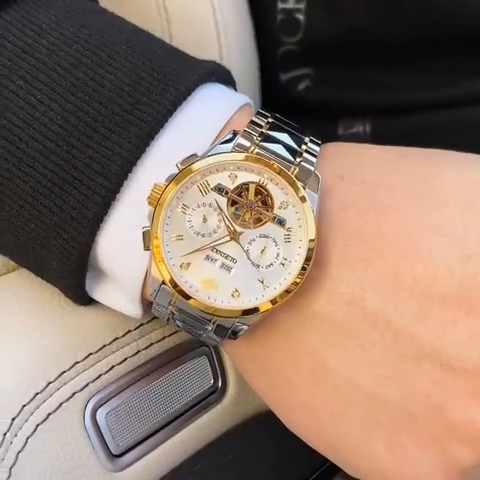 OUPINKE Mens Watches Skeleton Automatic Mechanical Premium with Calendar Sapphire Crystal Tungsten Steel Waterproof Wrist Watch