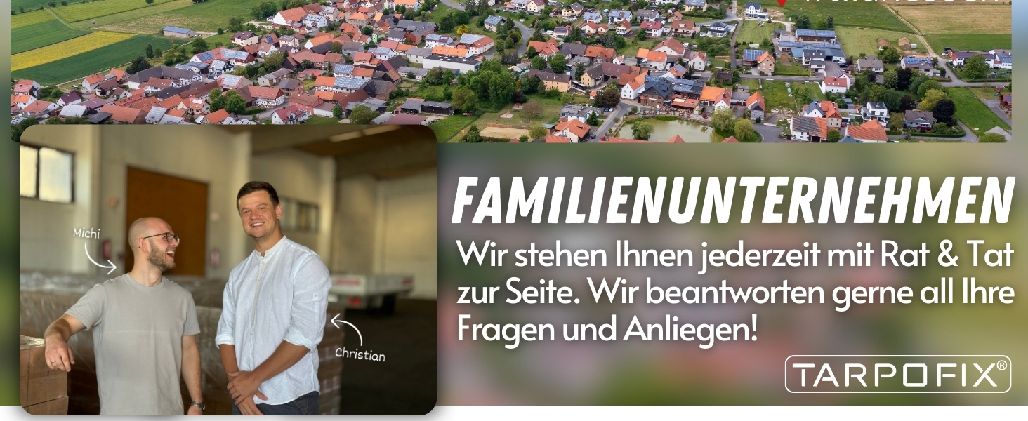 Geteiltes Bild einer Luftaufnahme des Dorfes und zweier Personen in wei&szlig;en Kitteln. Deutscher Text &uuml;ber Familienunternehmen, das Beratung und Unterst&uuml;tzung anbietet.