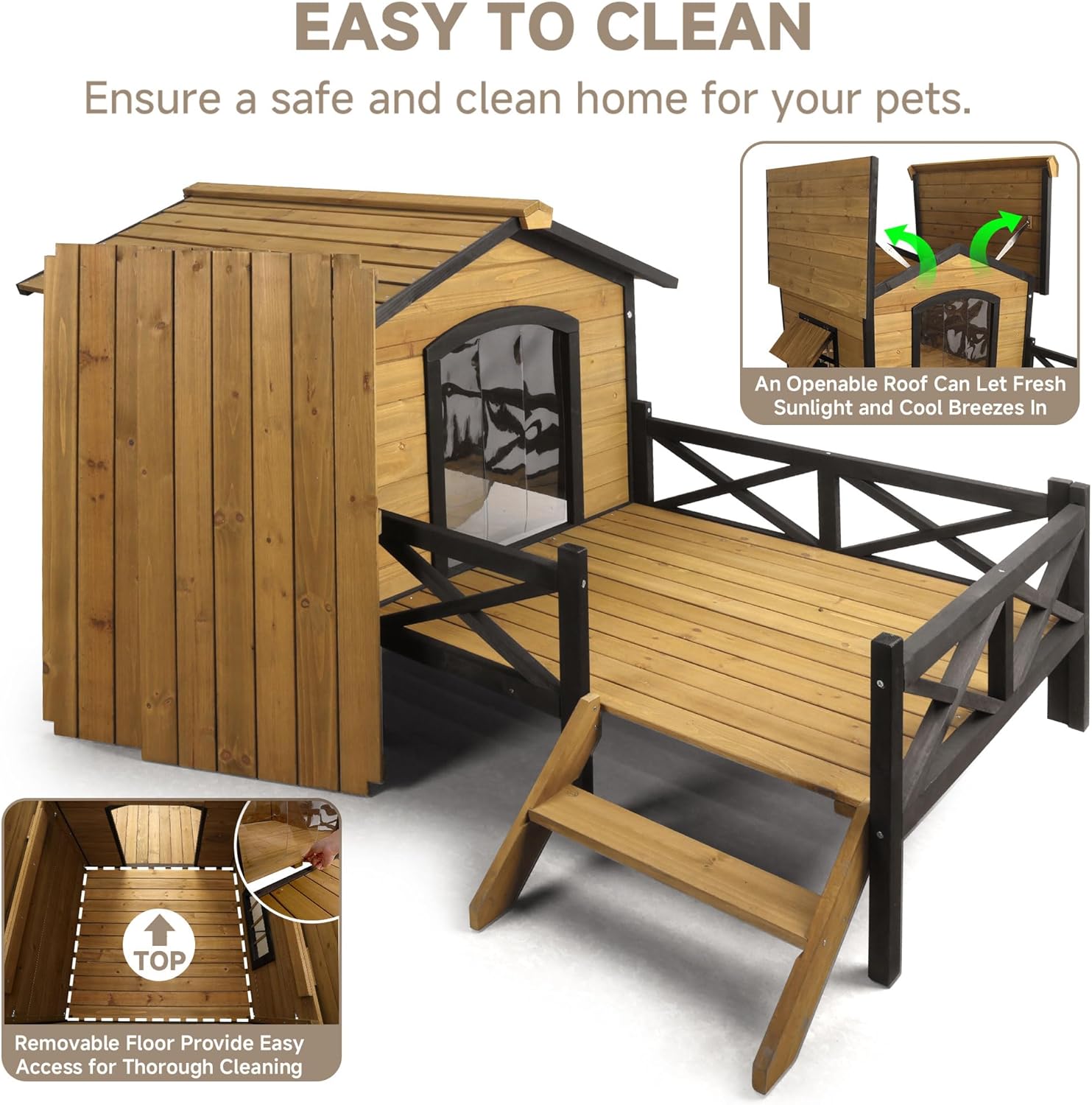 Large Outdoor Wooden Dog House with Porch – Weatherproof Pet Shelter for Medium to Large Dogs, Elevated Cabin Kennel with Removable Floor, Window & PVC Door Curtains