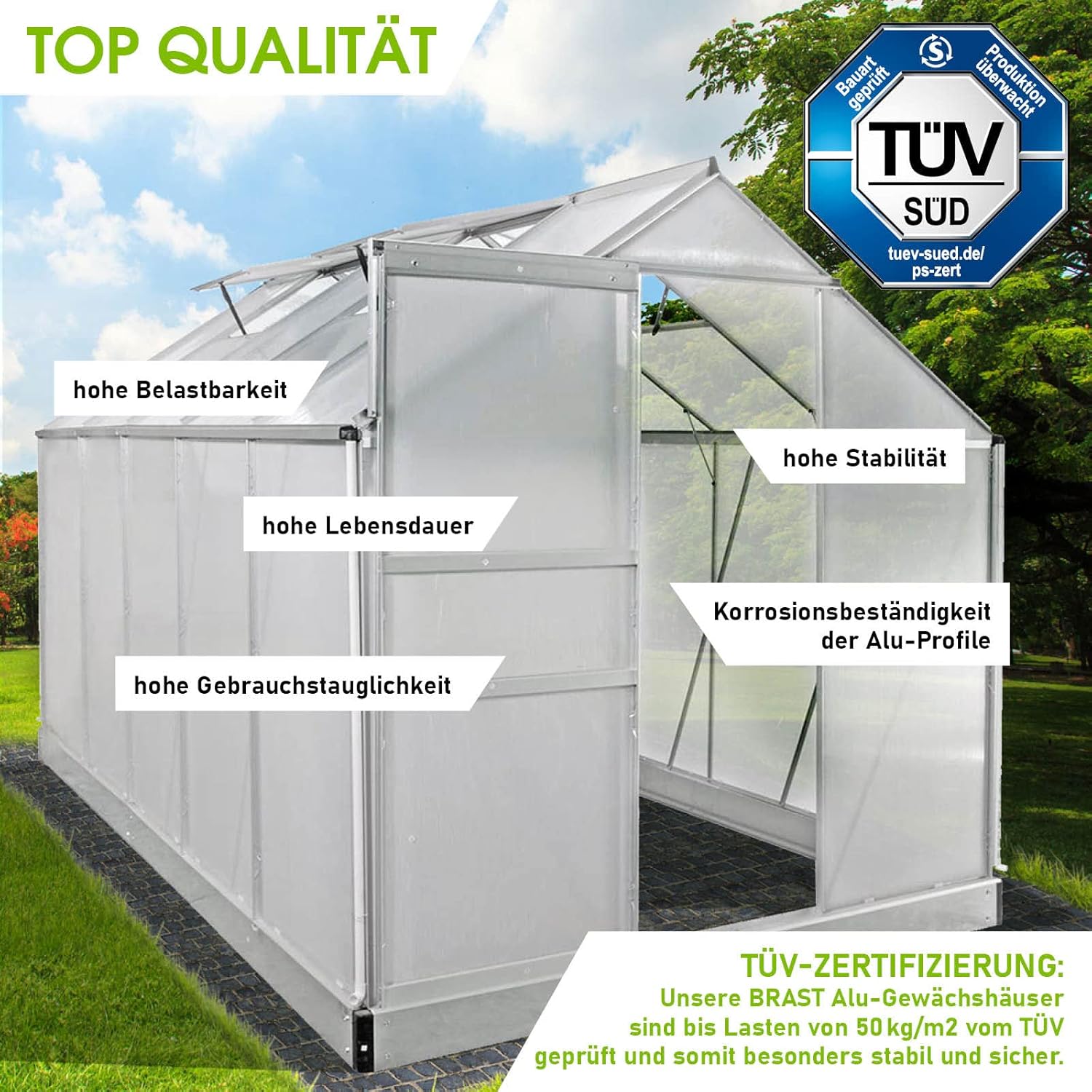 BRAST Greenhouse Aluminium with Base 310 x 190 x 195 cm TÜV Tested, 6 mm Hollow Chamber Panels, Rustproof, Weatherproof, Temperature-Resistant