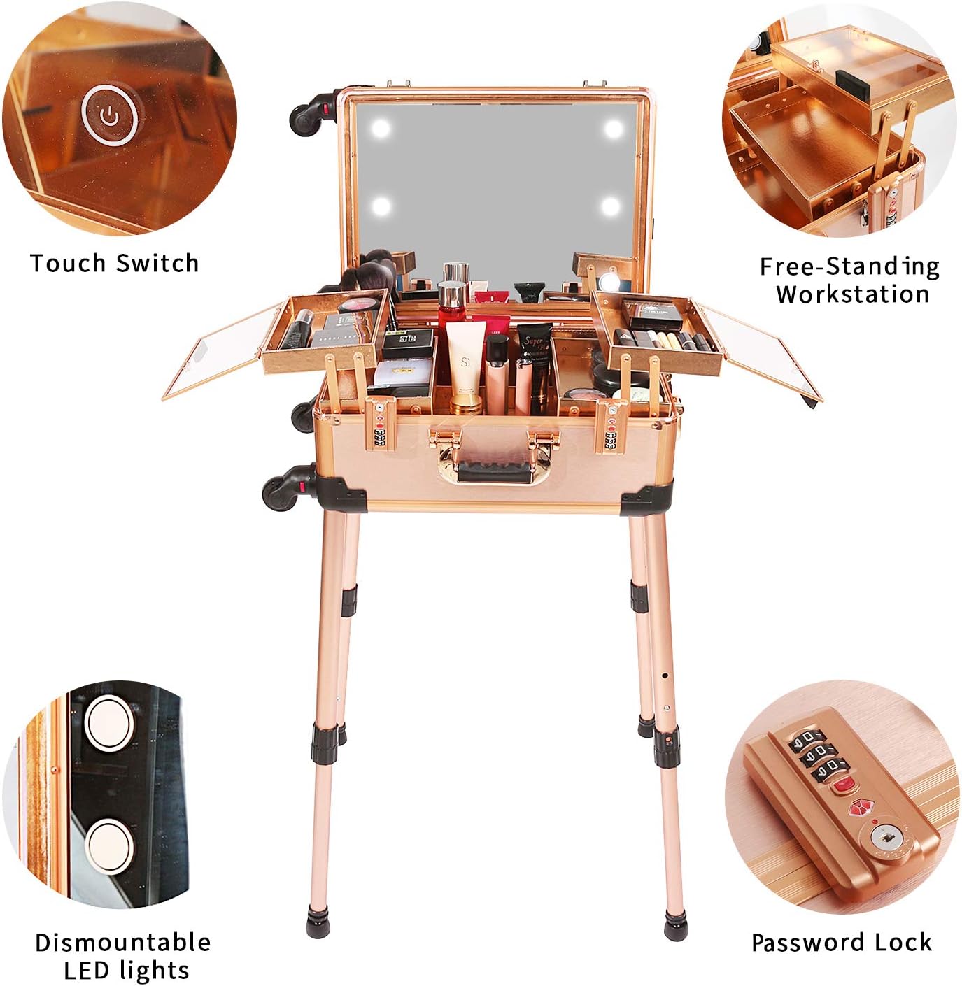 Medium Makeup Train Case with Code Lock, Lighted Mirror
