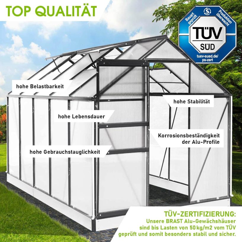 BRAST Greenhouse Aluminium with Base 310 x 190 x 195 cm TÜV Tested, 6 mm Hollow Chamber Panels, Rustproof, Weatherproof, Temperature-Resistant