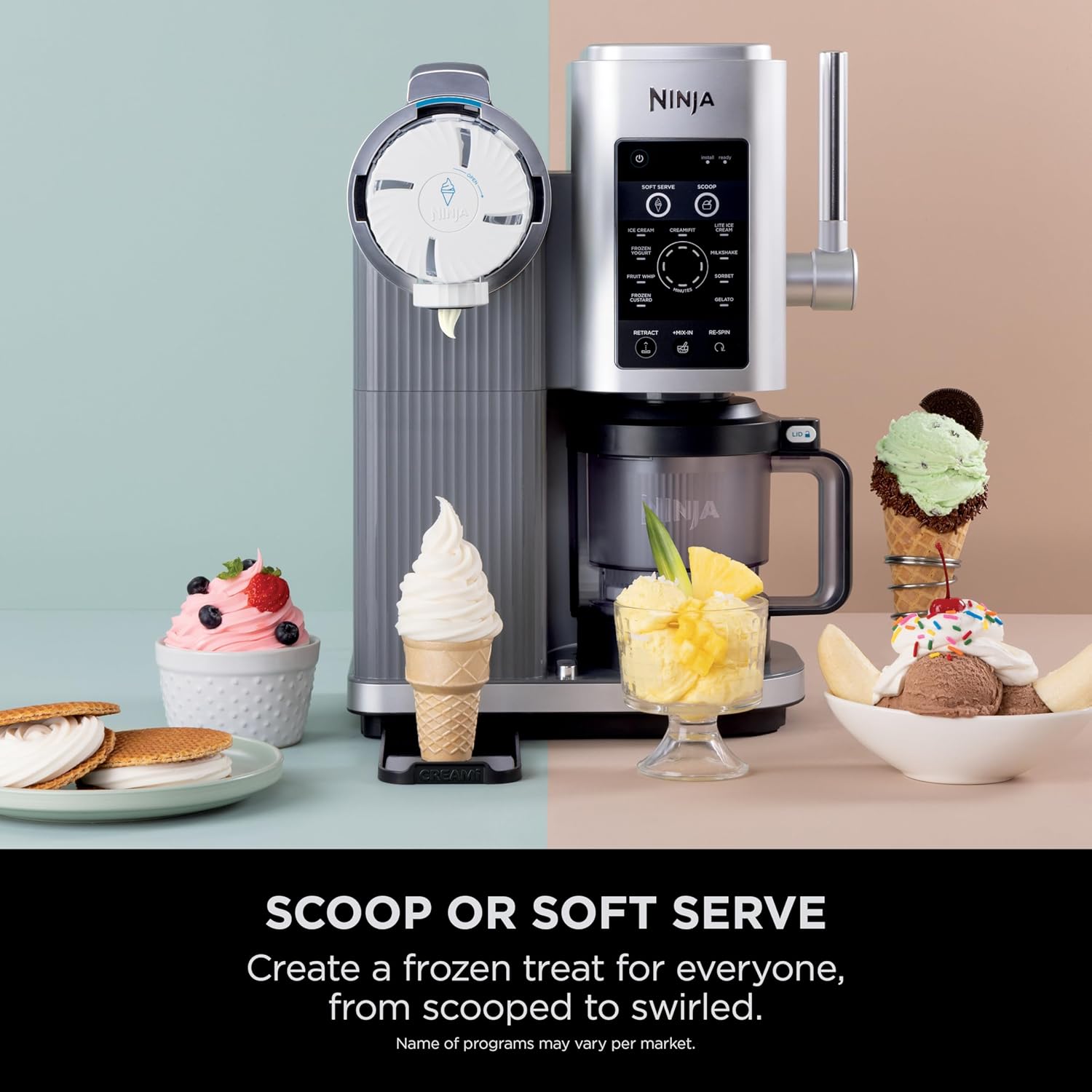 Ninja Swirl by CREAMi Soft Serve & Ice Cream Maker with 2x Tubs, 13 Functions, Makes Ice Cream, Soft Serve, Gelato, Sorbet, Milkshakes & More, Mix-In Option, Platinum Silver, NC701UK
