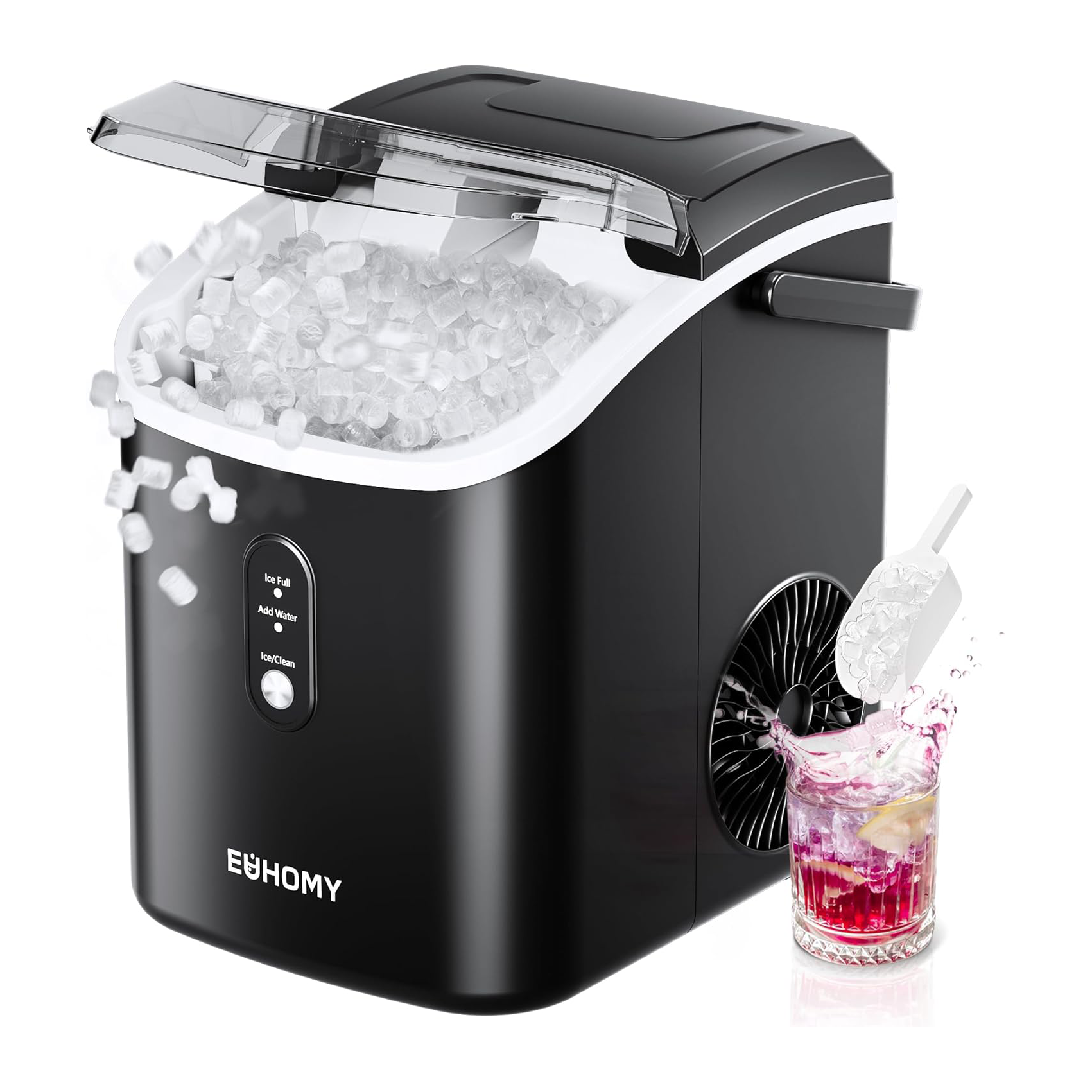 EUHOMY Nugget Ice Maker Countertop with Handle, Ready in 6 Mins, 34lbs Per Day, Removable Top Cover, Auto-Cleaning, Portable Sonic Ice Maker with Basket and Scoop, for Home/Party/RV/Camping (Black)