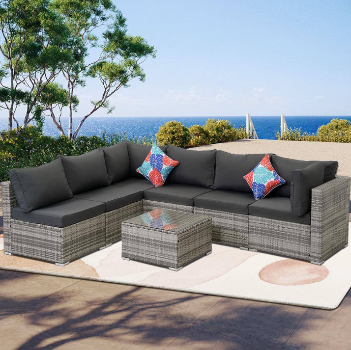 7-Piece Gray Wicker Outdoor Furniture Sectional Sofa with Dark Gray Cushion and Coffee Table 1