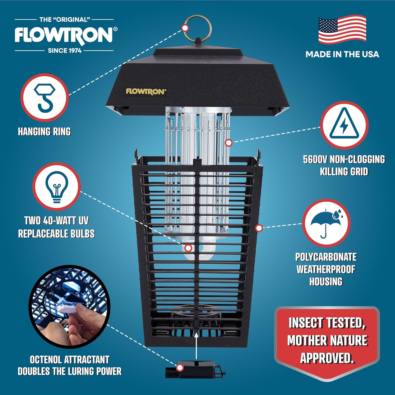 Flowtron Bug Zapper, 1-1/2 Acre of Outdoor Coverage with Powerful 80W Bulb & 5600V Instant Killing Grid, Electric Insect, Fly & Mosquito Zapper, Made in The USA