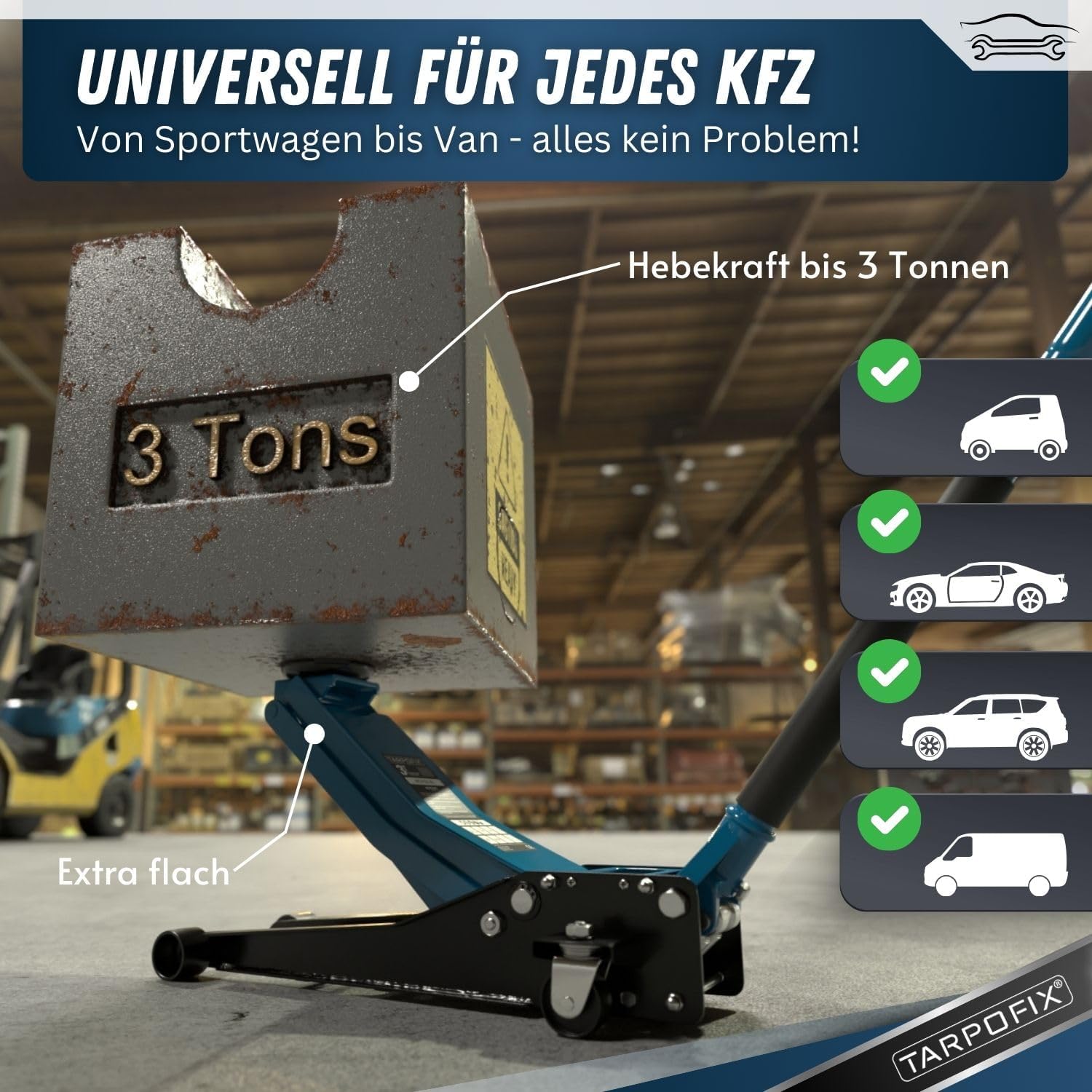 Tarpofix® 3t Flat Hydraulic Jack | Double Cylinder | Fits SUVs & Lowered Cars, 75-505mm Lift