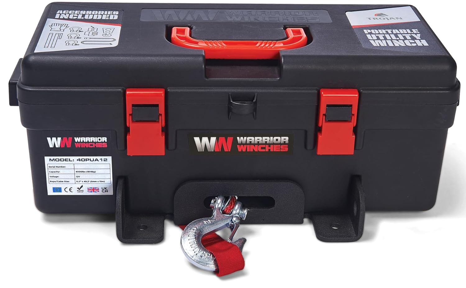 Trojan Portable 12v Electric Winch 4,000lbs - ATV/UTV Winch with Synthetic Rope, Easy to Carry, No Installation – Ideal for Truck, Off-Roading, Utility Tasks, Trailer Winch