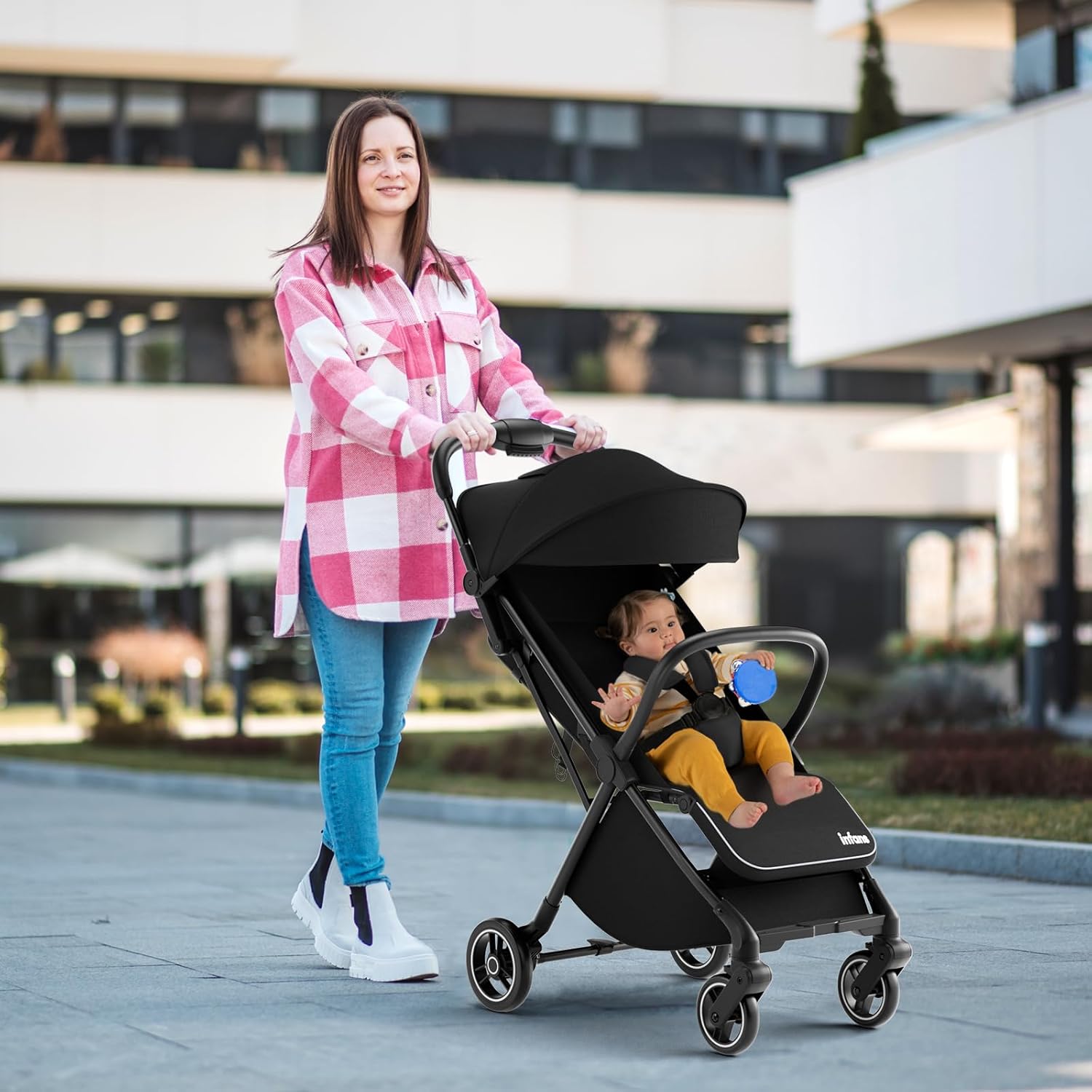 INFANS Lightweight Baby Stroller, One-Hand Gravity Fold, Compact Travel Stroller for Airplane with Aluminium Frame Adjustable Backrest, Foldable Toddler Stroller for Infant 0-36 Month