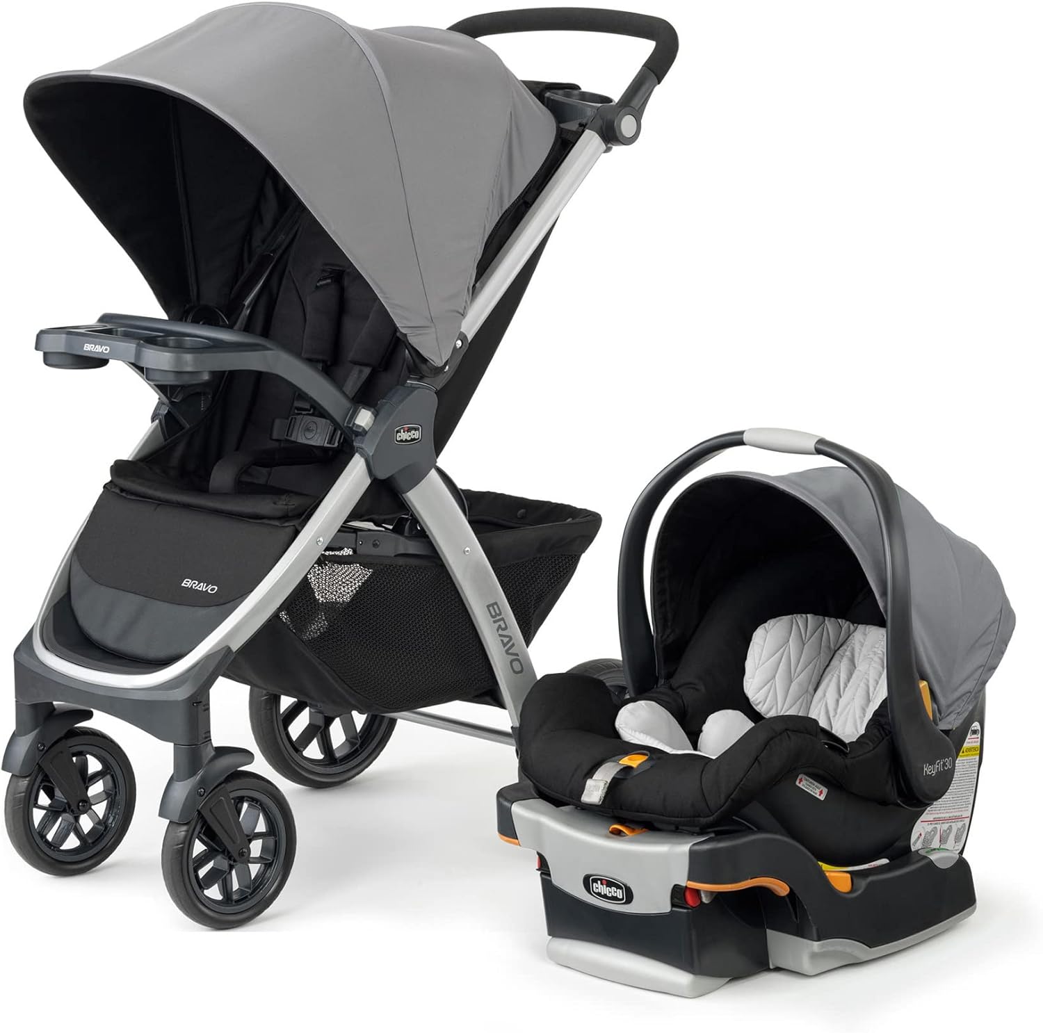Chicco Bravo 3-in-1 Trio Travel System, Bravo Quick-Fold Stroller with KeyFit 30 Infant Car Seat and Base, Car Seat and Stroller Combo, Camden/Black & Grey