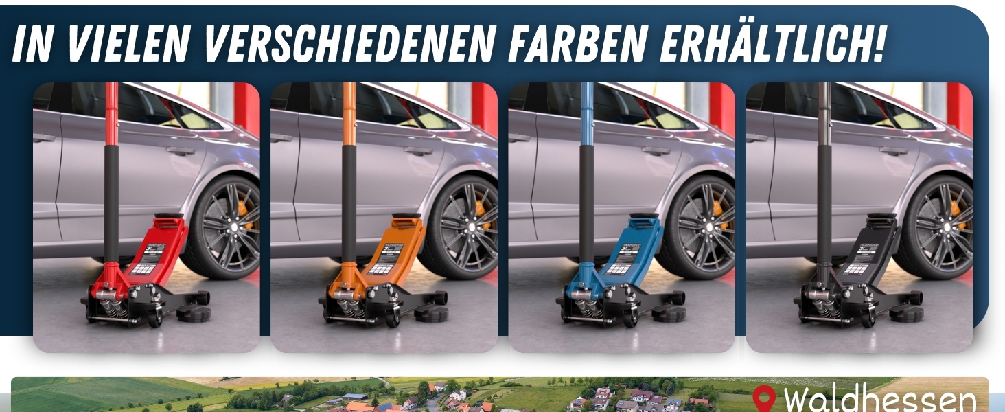 Vier Bilder von hydraulischen Wagenhebern in verschiedenen Farben (rot, orange, blau, gr&uuml;n), die unter den Autor&auml;dern positioniert sind. Der deutsche Text oben weist auf die Verf&uuml;gbarkeit mehrerer Farben